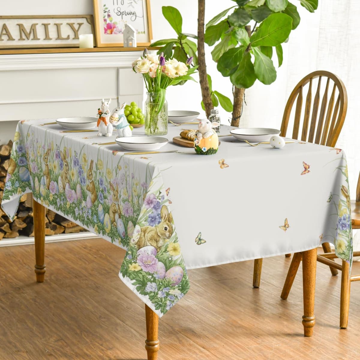 Horaldaily Easter Tablecloth 60×104 Inch Rectangular, Beige Easter Grass Bunny Egg Washable Seasonal Table Cover for Party Picnic Dinner Decor thumbnail 4