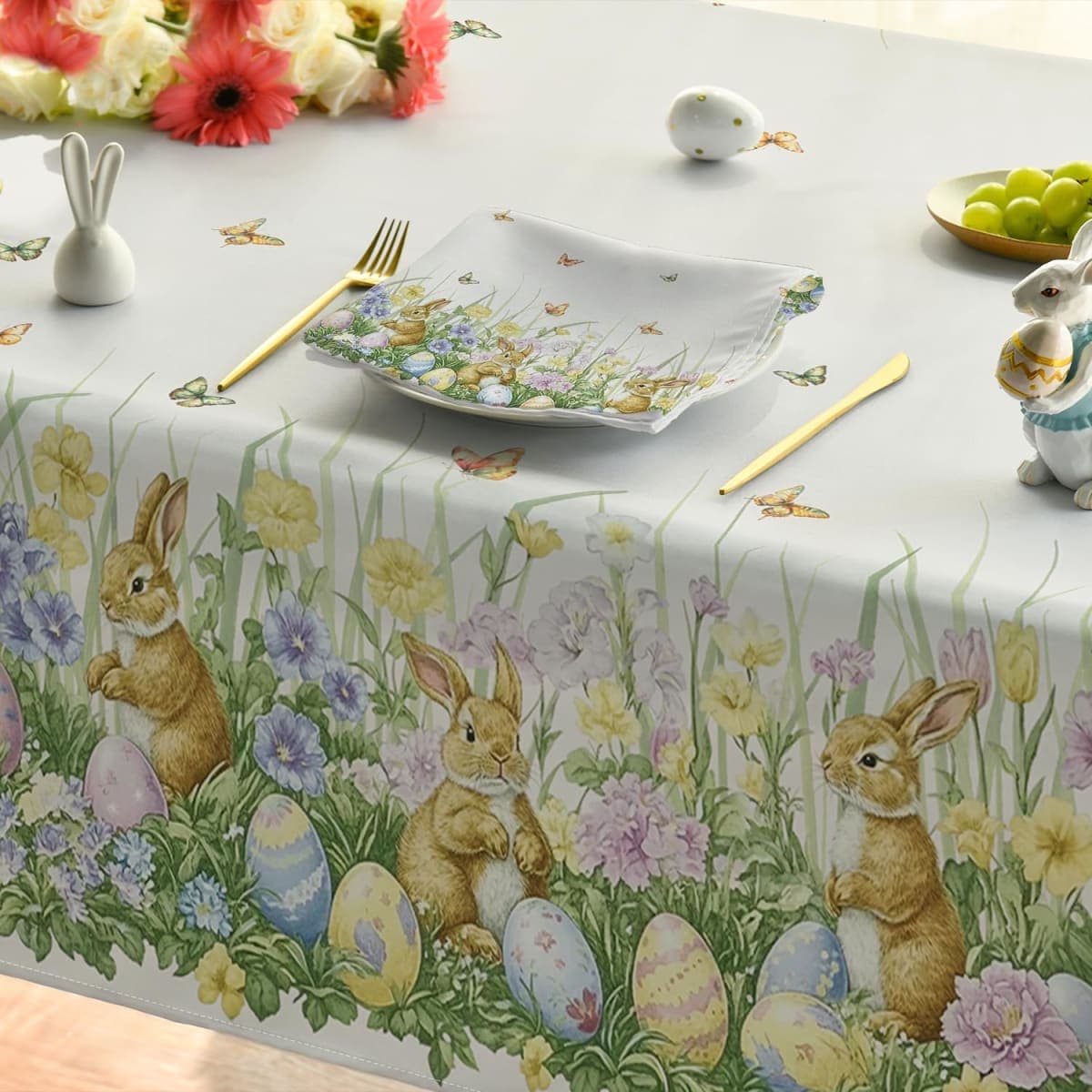 Horaldaily Easter Tablecloth 60×104 Inch Rectangular, Beige Easter Grass Bunny Egg Washable Seasonal Table Cover for Party Picnic Dinner Decor thumbnail 5