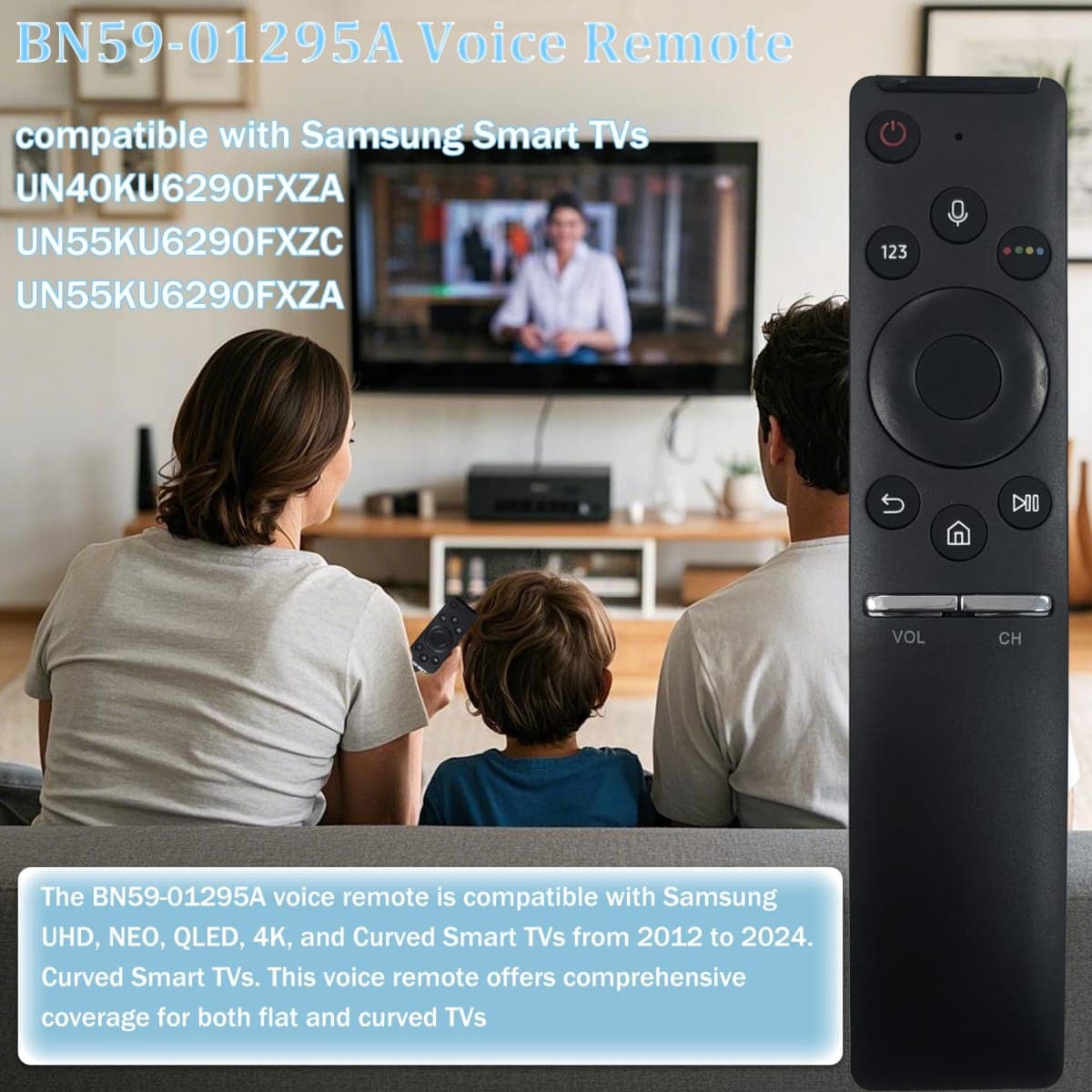 BN59-01295A Voice Remote Compatible with Samsung Smart TVs UN40KU6290FXZA/UN55KU6290FXZC/UN55KU6290FXZA Series Smart TV, Replace BN59-01178W/BN59-01295A/BN59-01259E/BN59-01259D, 5 Years Warranty thumbnail 2