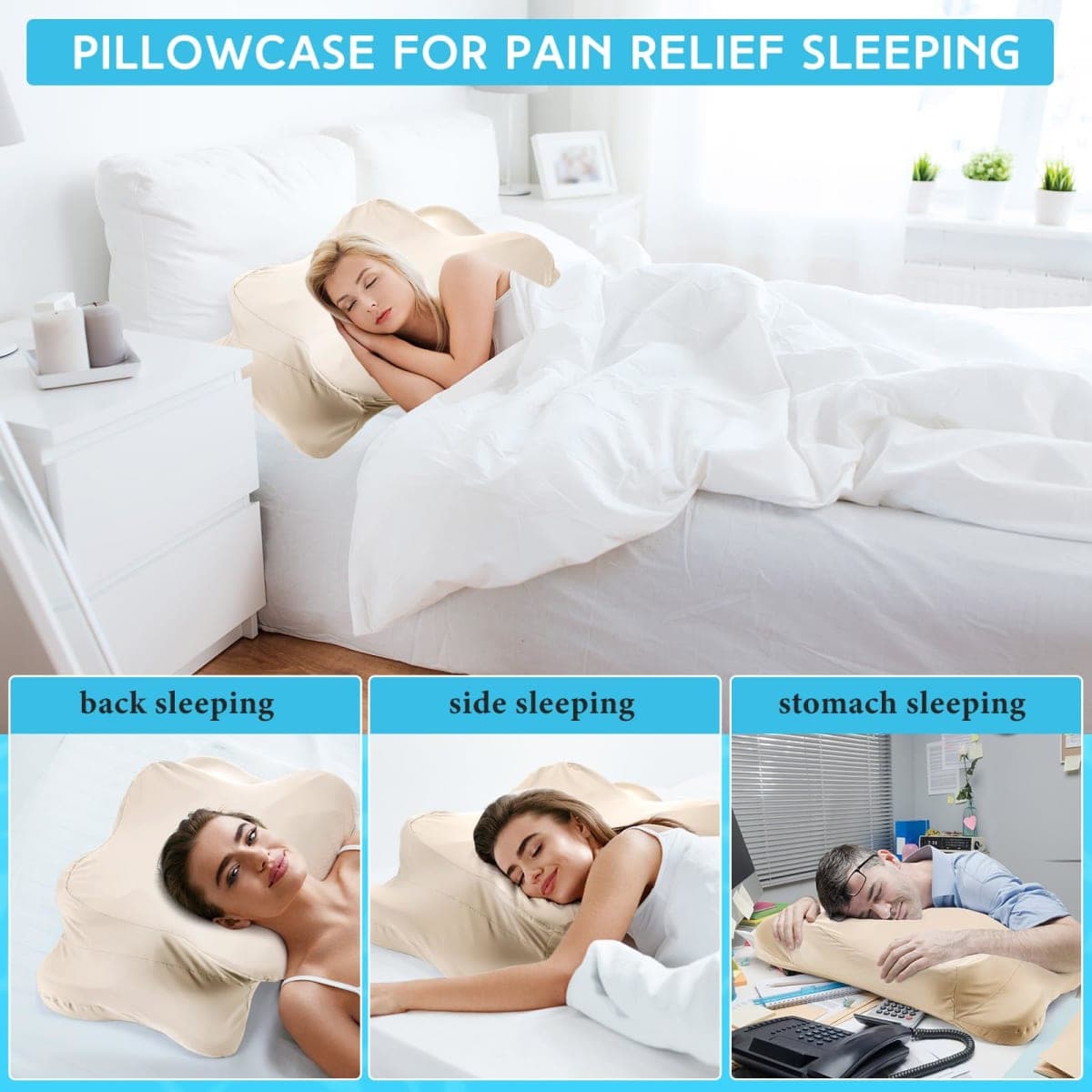 Hahafelt Cooling Cervical Neck Pillowcase Cover (Only Pillow Case) Ergonomic Pillowcase with Zipper Breathable Pillow Cover Contour Cool Case for Side Back Stomach Sleepers(Champagne,Queen Size) thumbnail 3