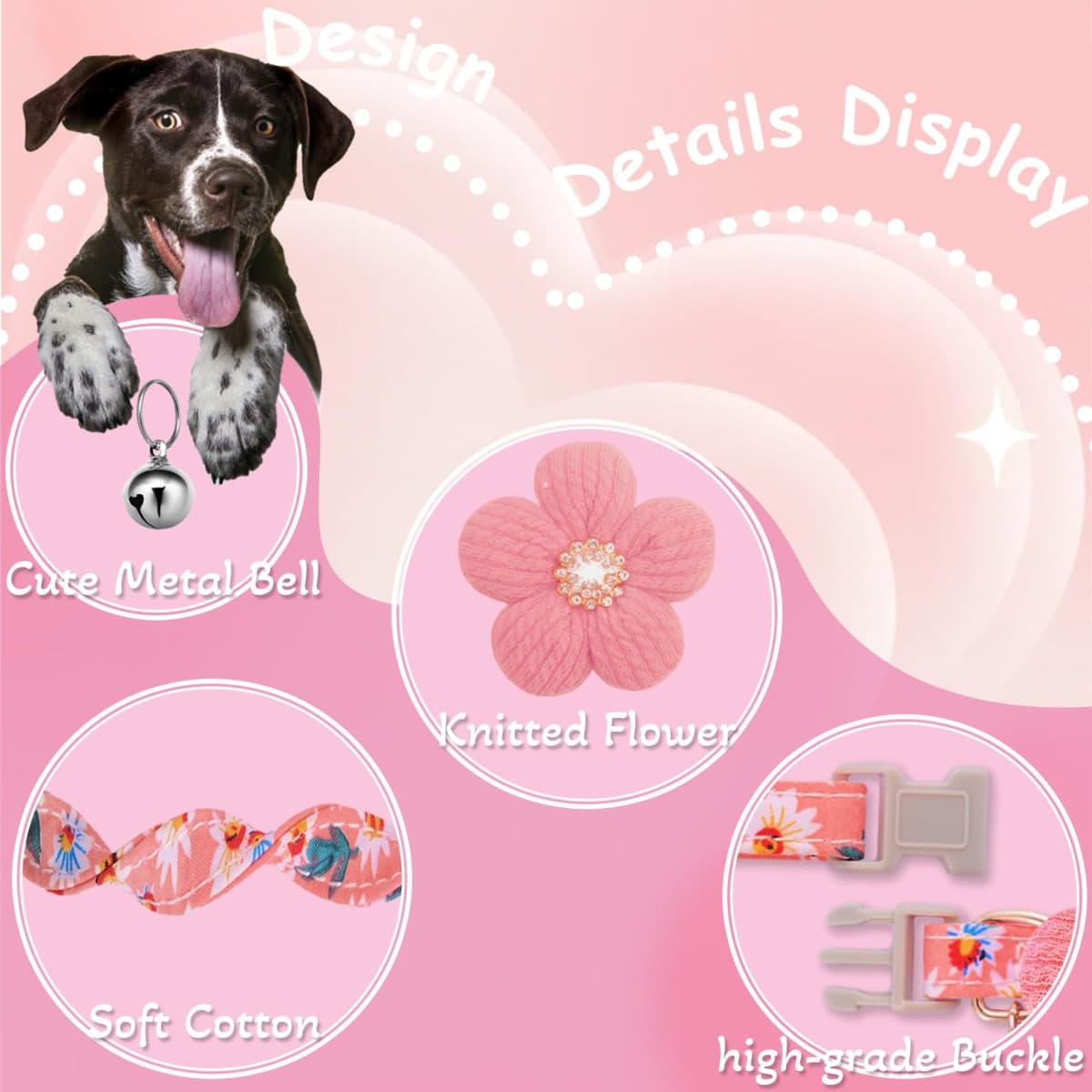 Medium Dog Collar with Flower, Dog Collars for Medium Dogs Collar for Girl Cute Dog Collar with Bell, Adjustable Length thumbnail 2