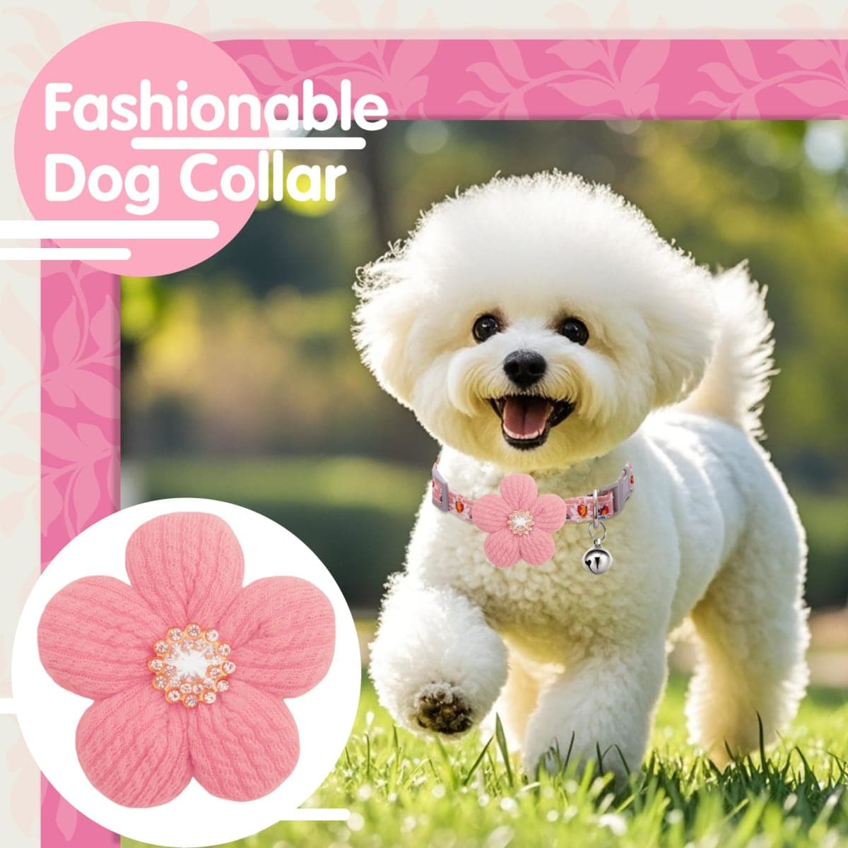 Medium Dog Collar with Flower, Dog Collars for Medium Dogs Collar for Girl Cute Dog Collar with Bell, Adjustable Length thumbnail 3