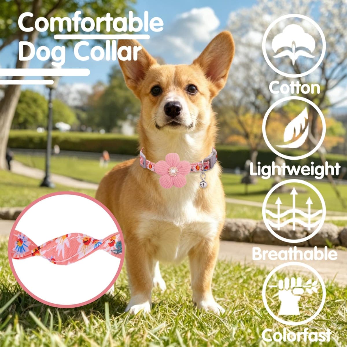 Medium Dog Collar with Flower, Dog Collars for Medium Dogs Collar for Girl Cute Dog Collar with Bell, Adjustable Length thumbnail 4