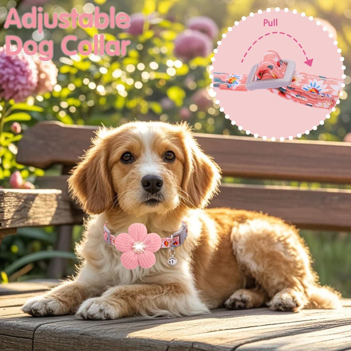 Medium Dog Collar with Flower, Dog Collars for Medium Dogs Collar for Girl Cute Dog Collar with Bell, Adjustable Length thumbnail 5