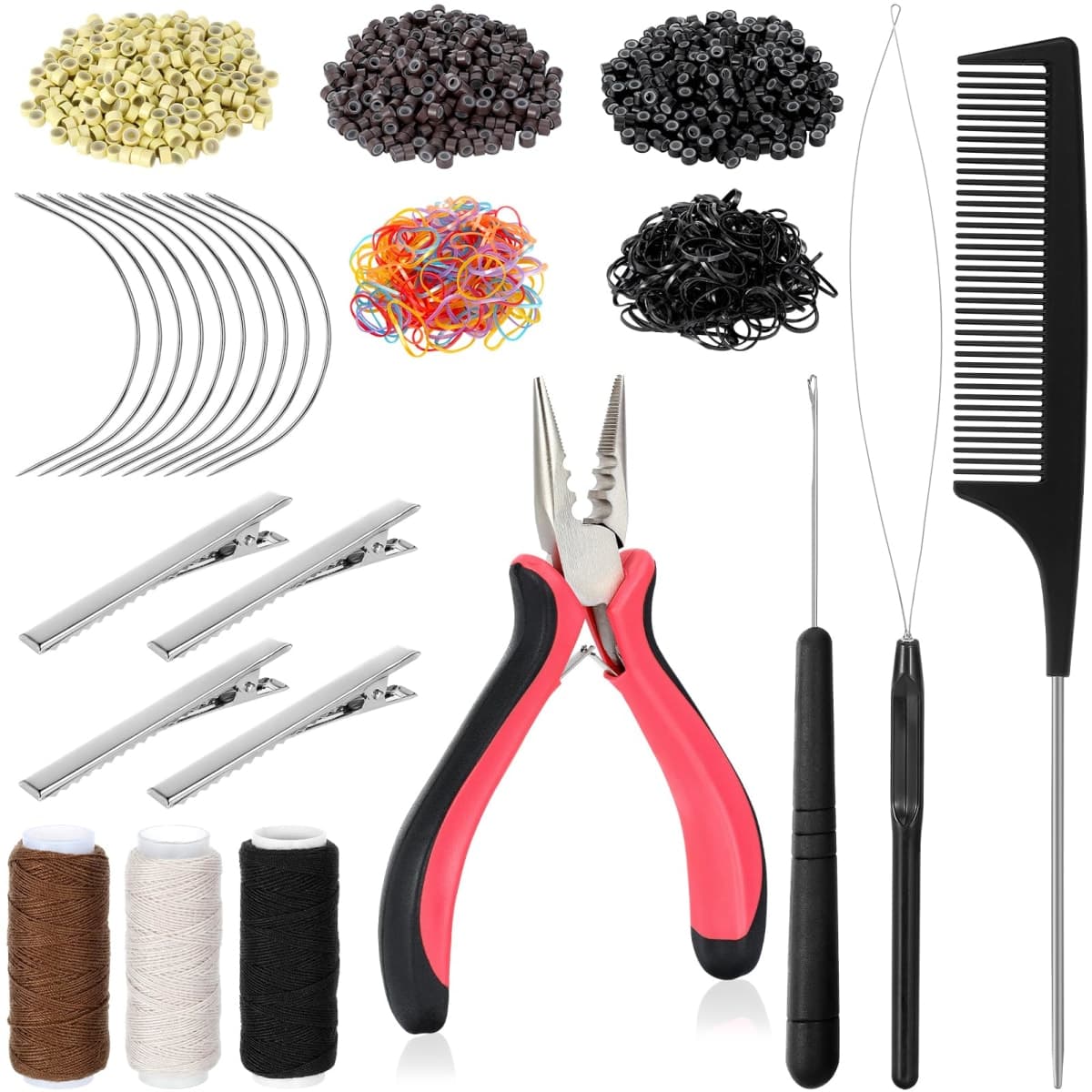 Hair Extension Tools Kit, 600 Silicone Lined Micro Rings, 1 Plier, 2 Hook Needle Pulling Loop, 10 Curved Hair Needle, 4 Metal Hair Clips, 1 Comb, 3 Sewing Threads, 200 Mini Rubber Bands — image 1