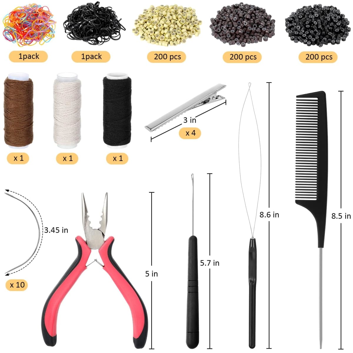 Hair Extension Tools Kit, 600 Silicone Lined Micro Rings, 1 Plier, 2 Hook Needle Pulling Loop, 10 Curved Hair Needle, 4 Metal Hair Clips, 1 Comb, 3 Sewing Threads, 200 Mini Rubber Bands thumbnail 2