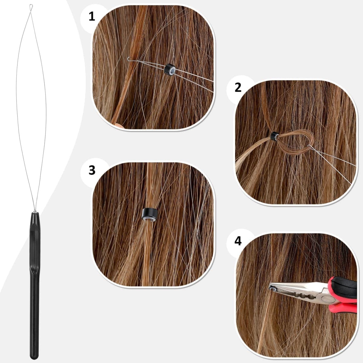 Hair Extension Tools Kit, 600 Silicone Lined Micro Rings, 1 Plier, 2 Hook Needle Pulling Loop, 10 Curved Hair Needle, 4 Metal Hair Clips, 1 Comb, 3 Sewing Threads, 200 Mini Rubber Bands thumbnail 3