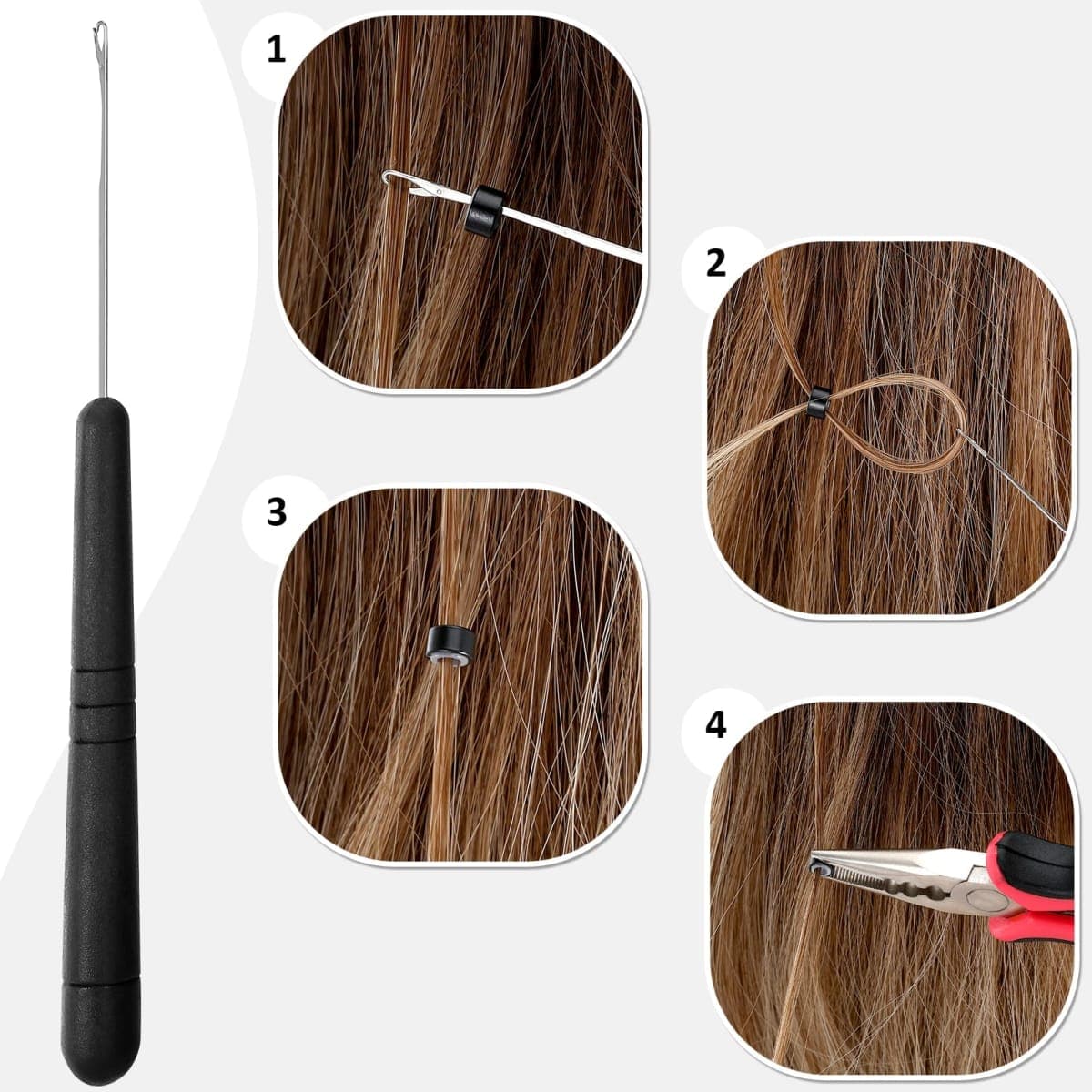 Hair Extension Tools Kit, 600 Silicone Lined Micro Rings, 1 Plier, 2 Hook Needle Pulling Loop, 10 Curved Hair Needle, 4 Metal Hair Clips, 1 Comb, 3 Sewing Threads, 200 Mini Rubber Bands thumbnail 4