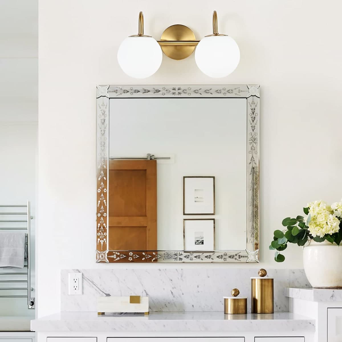 ZHUOER Modern Bathroom Vanity Light Fixtures 2 Lights Brushed Brass Milk White Globe Glass Shade Modern Wall Bar Sconce Lighting Bath Vanity Lights Over Mirror (Exclude G9 Bulb) thumbnail 2
