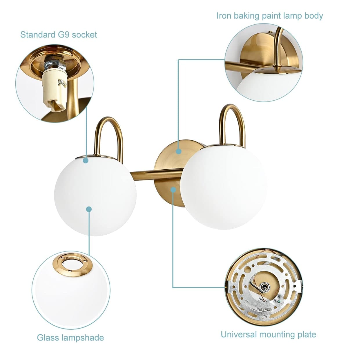 ZHUOER Modern Bathroom Vanity Light Fixtures 2 Lights Brushed Brass Milk White Globe Glass Shade Modern Wall Bar Sconce Lighting Bath Vanity Lights Over Mirror (Exclude G9 Bulb) thumbnail 4