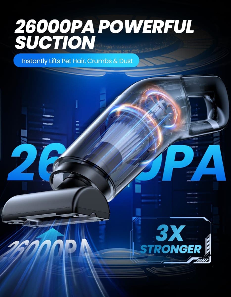 MZHSMZHR Handheld Vacuum Cordless, 26,000 Pa High Power Suction, Portable Rechargeable Car Vacuum Cleaner for Home, Office, Pet Hair, Car Detailing, Black thumbnail 2