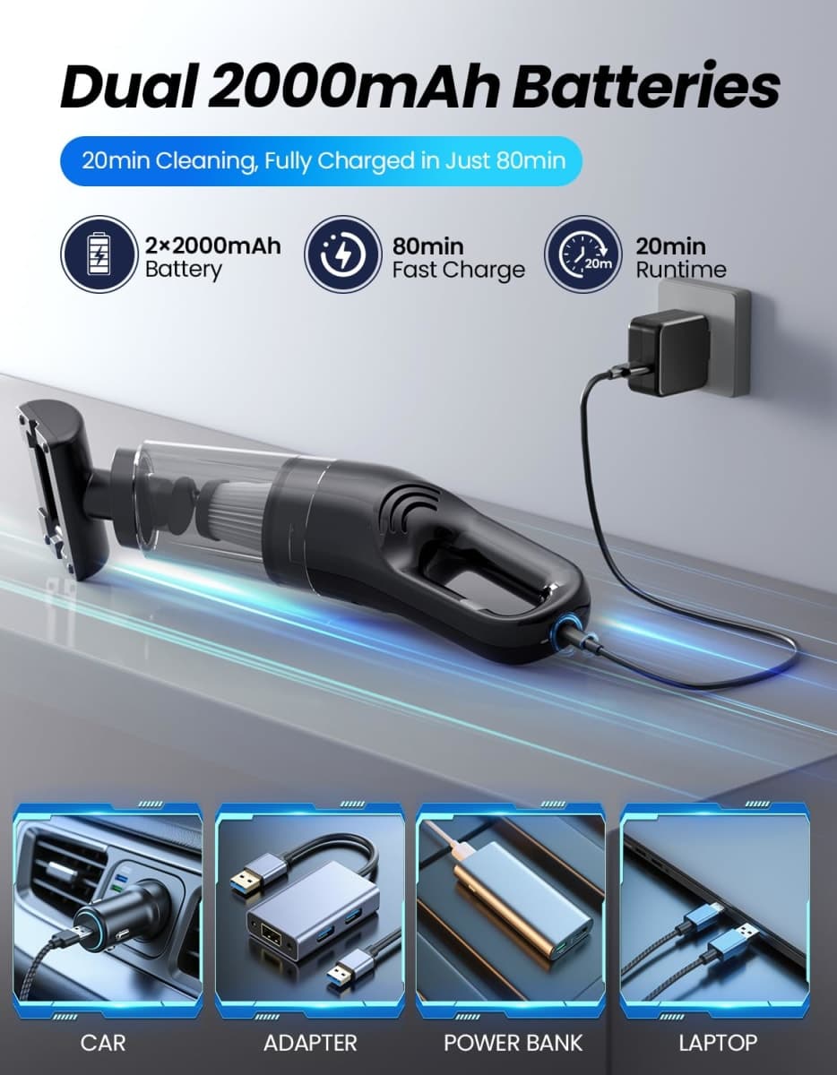 MZHSMZHR Handheld Vacuum Cordless, 26,000 Pa High Power Suction, Portable Rechargeable Car Vacuum Cleaner for Home, Office, Pet Hair, Car Detailing, Black thumbnail 4