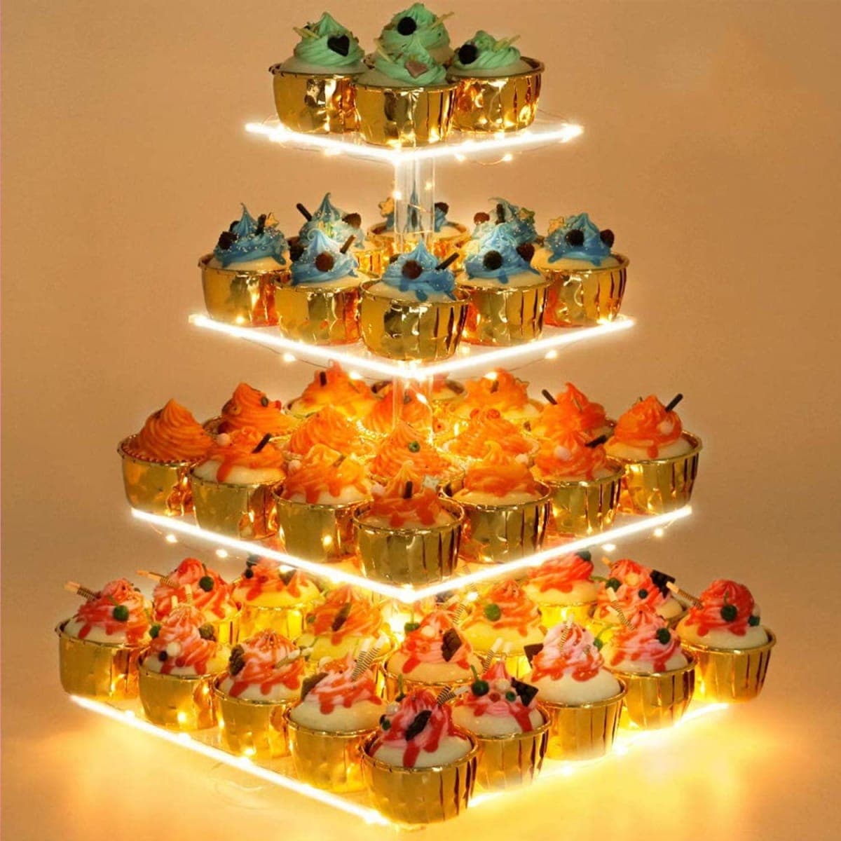 YestBuy 4 Tier Cupcake Stand Acrylic Cupcake Tower Display with LED Light Premium Cupcake Holder Dessert Tree Tower for Birthday Cady Bar Party Décor Weddings, Birthday Parties Events (Yellow Light) — image 1