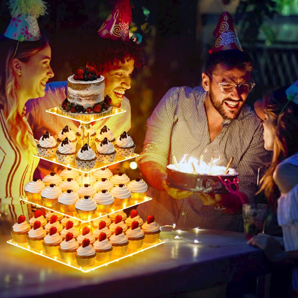YestBuy 4 Tier Cupcake Stand Acrylic Cupcake Tower Display with LED Light Premium Cupcake Holder Dessert Tree Tower for Birthday Cady Bar Party Décor Weddings, Birthday Parties Events (Yellow Light) thumbnail 2