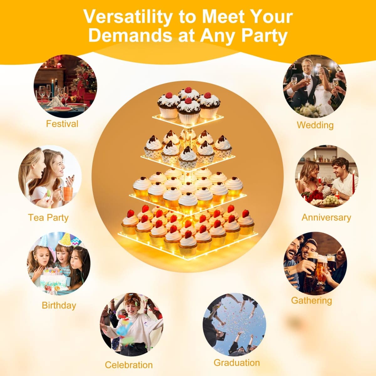 YestBuy 4 Tier Cupcake Stand Acrylic Cupcake Tower Display with LED Light Premium Cupcake Holder Dessert Tree Tower for Birthday Cady Bar Party Décor Weddings, Birthday Parties Events (Yellow Light) thumbnail 3