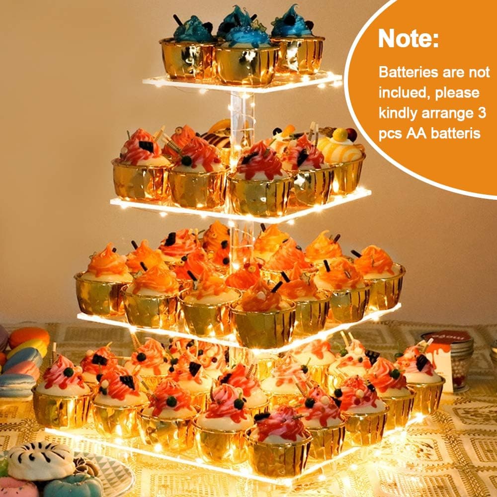 YestBuy 4 Tier Cupcake Stand Acrylic Cupcake Tower Display with LED Light Premium Cupcake Holder Dessert Tree Tower for Birthday Cady Bar Party Décor Weddings, Birthday Parties Events (Yellow Light) thumbnail 4