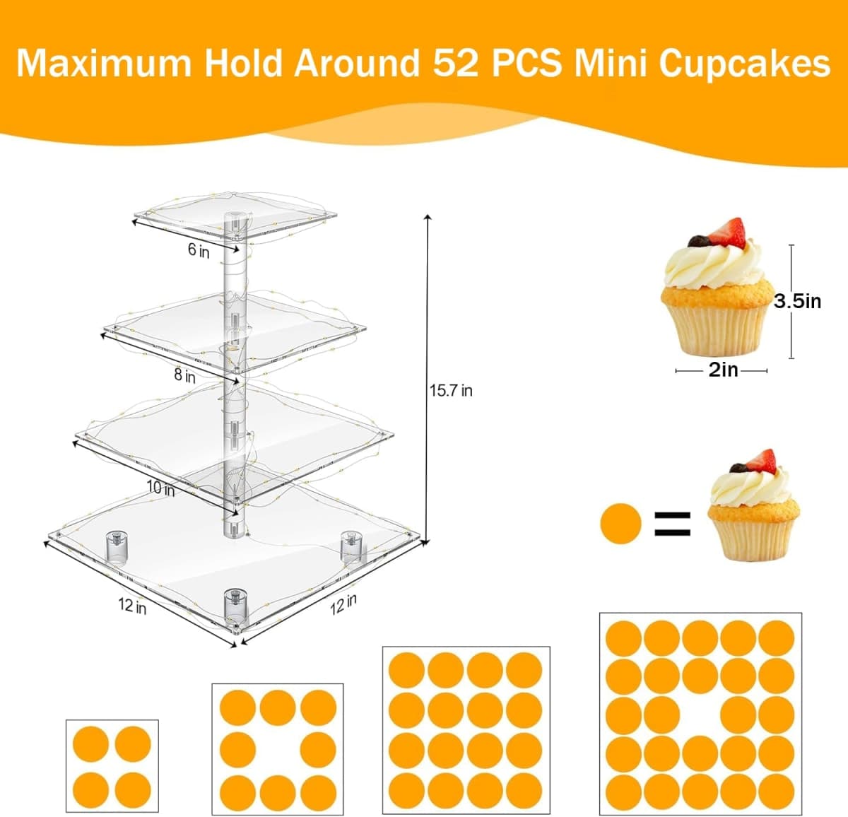 YestBuy 4 Tier Cupcake Stand Acrylic Cupcake Tower Display with LED Light Premium Cupcake Holder Dessert Tree Tower for Birthday Cady Bar Party Décor Weddings, Birthday Parties Events (Yellow Light) thumbnail 5