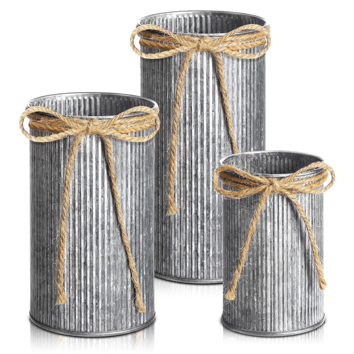 Zonon 3 Pcs Farmhouse Vase Decor with Twine Bow 4.33" Galvanized Flower Bucket 5.91" Metal Pots 7.09" Rustic Decorated Vases for Artificial Flowers Home Table Weddings Decor — image 1