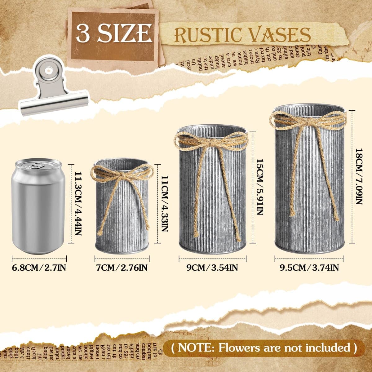 Zonon 3 Pcs Farmhouse Vase Decor with Twine Bow 4.33" Galvanized Flower Bucket 5.91" Metal Pots 7.09" Rustic Decorated Vases for Artificial Flowers Home Table Weddings Decor thumbnail 2
