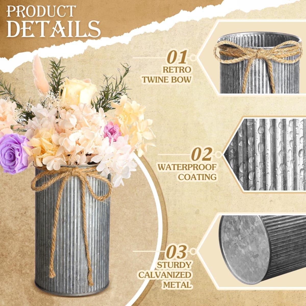 Zonon 3 Pcs Farmhouse Vase Decor with Twine Bow 4.33" Galvanized Flower Bucket 5.91" Metal Pots 7.09" Rustic Decorated Vases for Artificial Flowers Home Table Weddings Decor thumbnail 3