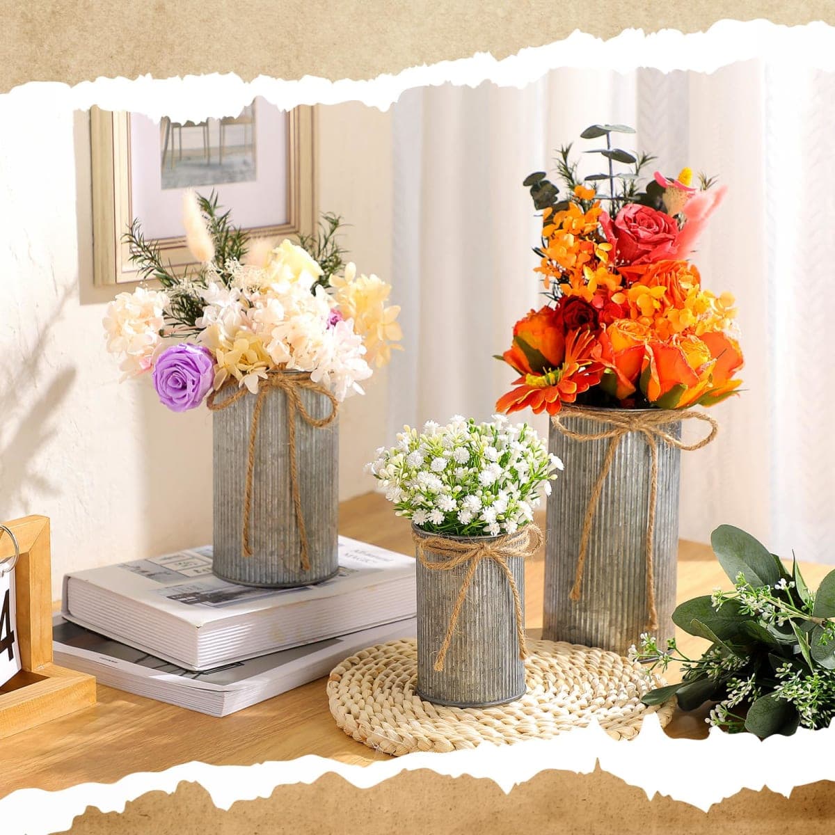 Zonon 3 Pcs Farmhouse Vase Decor with Twine Bow 4.33" Galvanized Flower Bucket 5.91" Metal Pots 7.09" Rustic Decorated Vases for Artificial Flowers Home Table Weddings Decor thumbnail 4