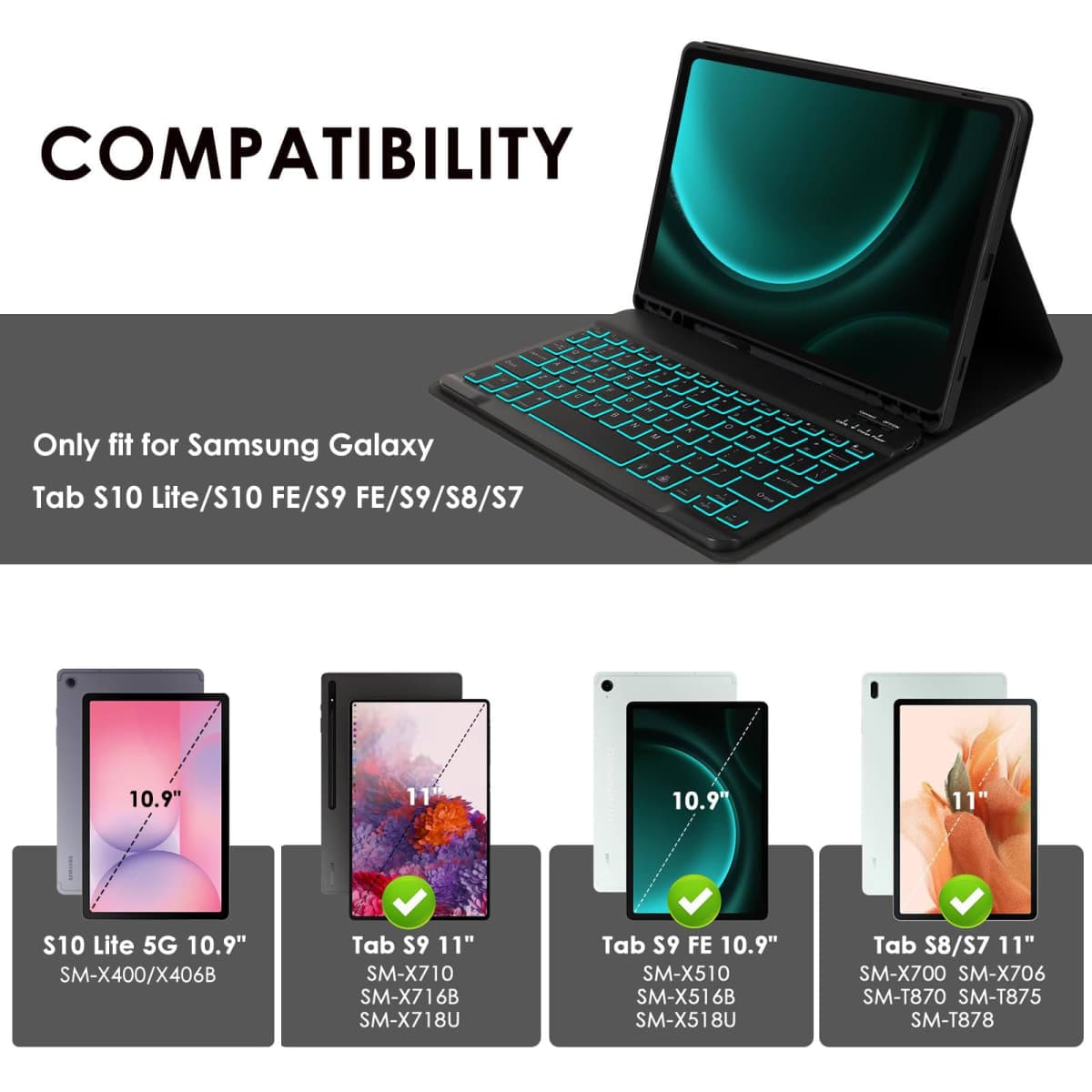 LAMA Backlit Keyboard Case for Samsung Galaxy Tab S10 Lite/S10 FE/S9 FE 10.9'', Detachable Wireless Keyboard Case for Galaxy Tab S9/S8/S7 11'', Lightweight Stand Cover with Built-in S Pen Holder, BK thumbnail 2