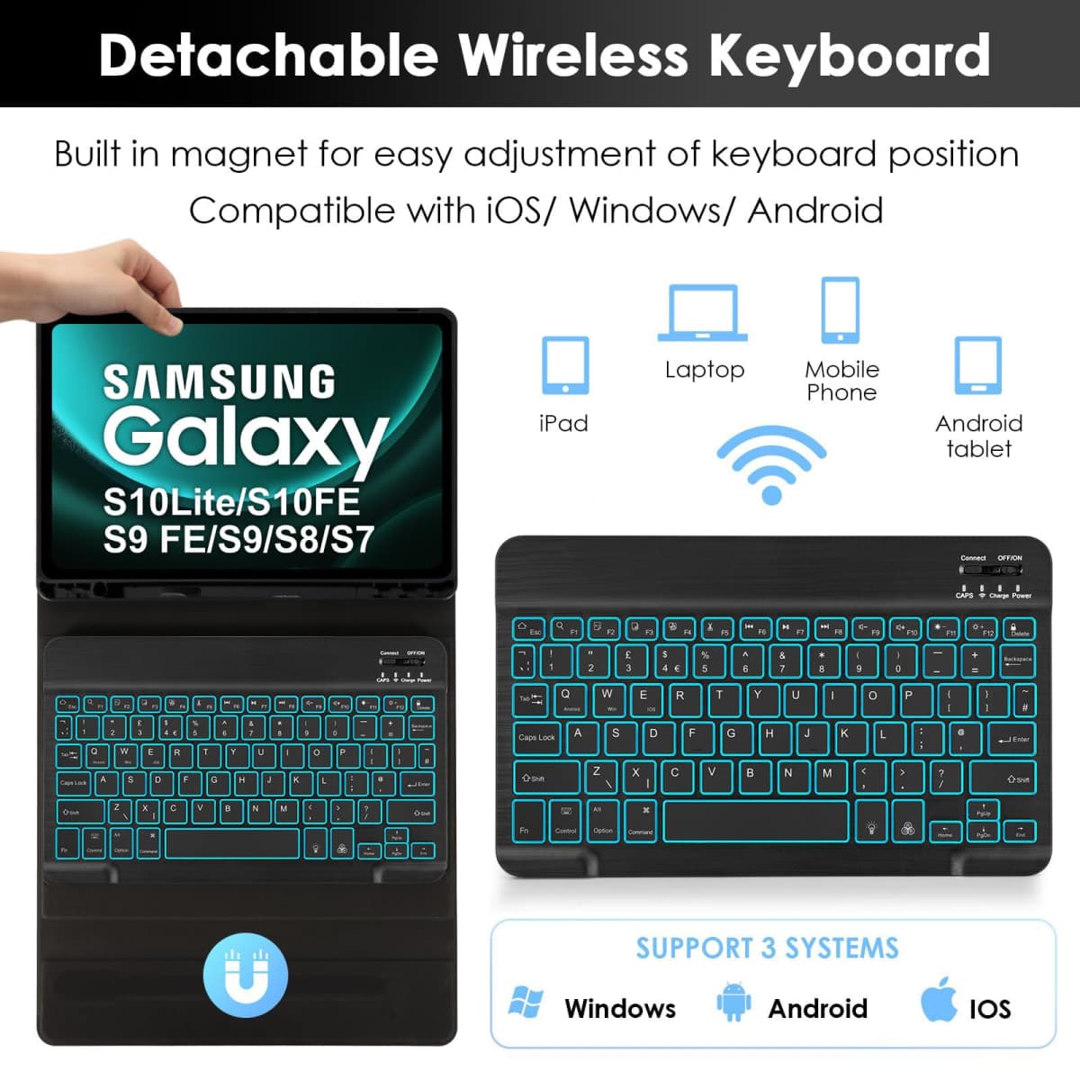 LAMA Backlit Keyboard Case for Samsung Galaxy Tab S10 Lite/S10 FE/S9 FE 10.9'', Detachable Wireless Keyboard Case for Galaxy Tab S9/S8/S7 11'', Lightweight Stand Cover with Built-in S Pen Holder, BK thumbnail 3