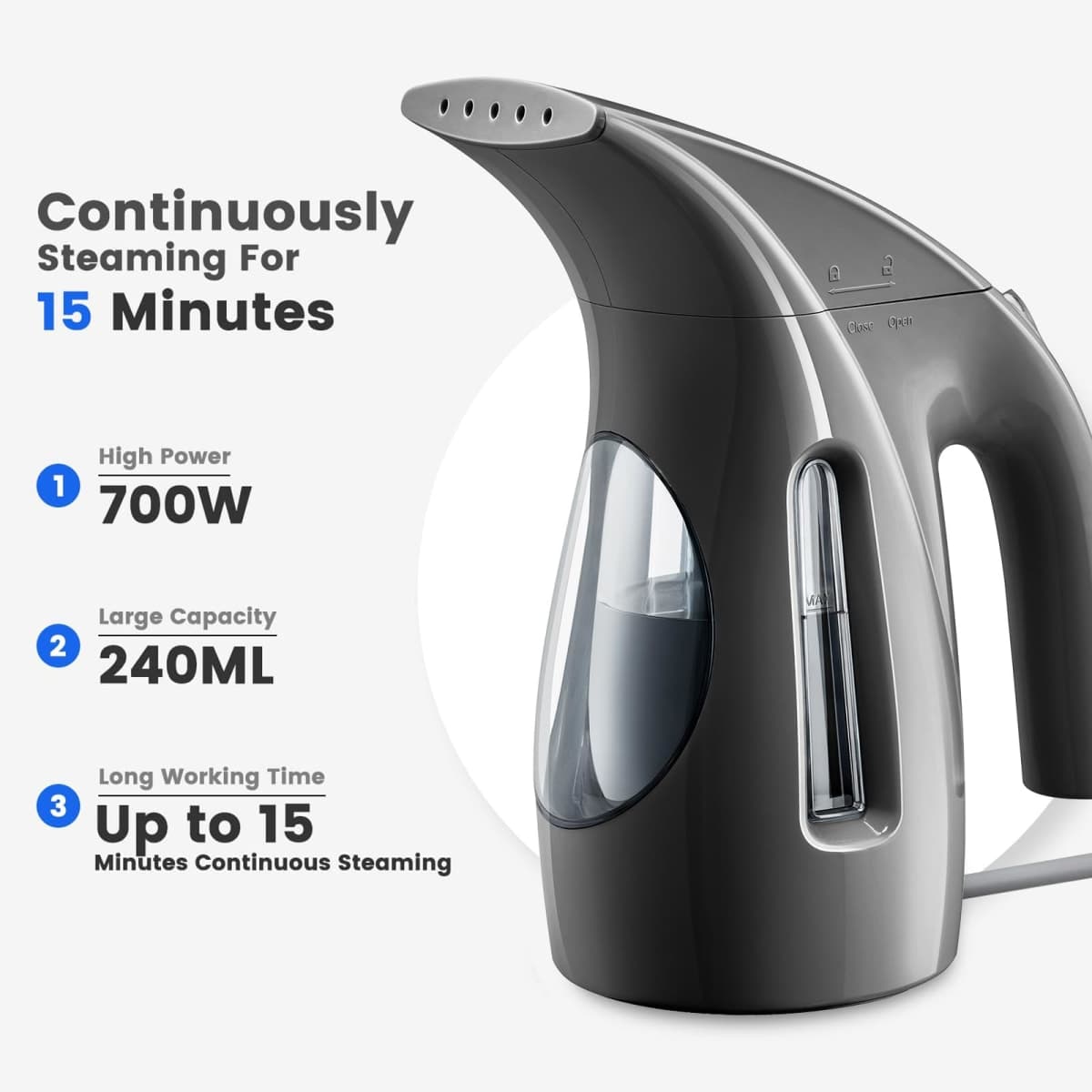 HiLIFE Steamer for Clothes, Portable Handheld Design, 240ml Big Capacity, 700W, Strong Penetrating Steam, Removes Wrinkle, for Home, Office and Travel(ONLY FOR 120V)(Black) thumbnail 2