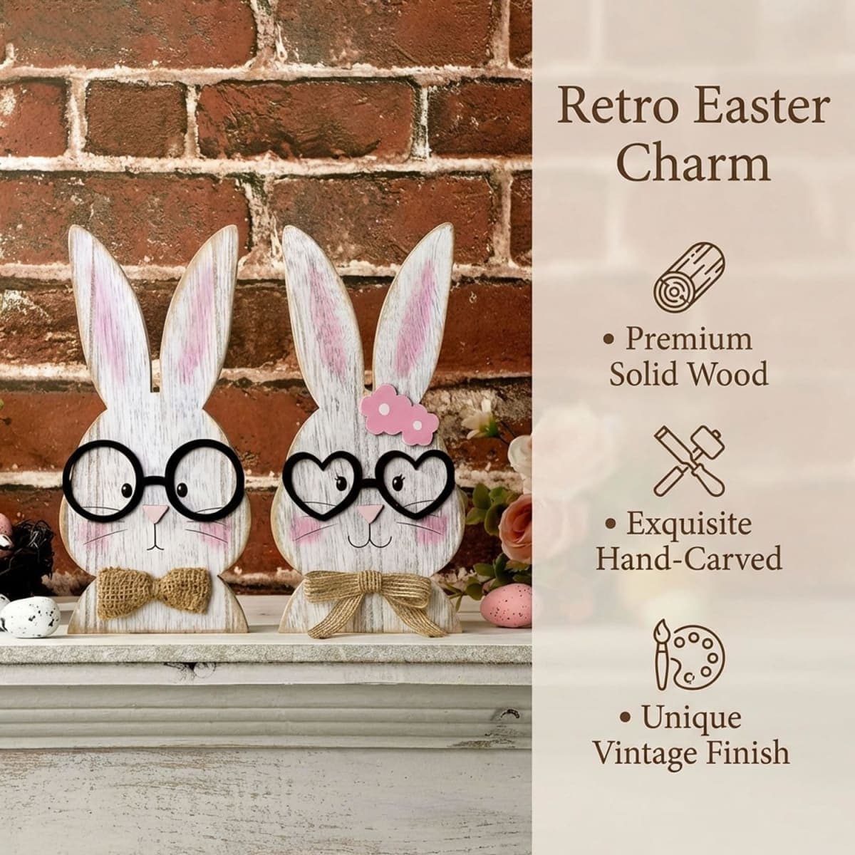 RGIMF Easter Bunny Decor - 2 Pack Wooden Rustic Easter Table Decorations for Home, Farmhouse Spring Rabbit Decor Sign for Mantel Shelf Centerpiece Office Party (Pink) thumbnail 2