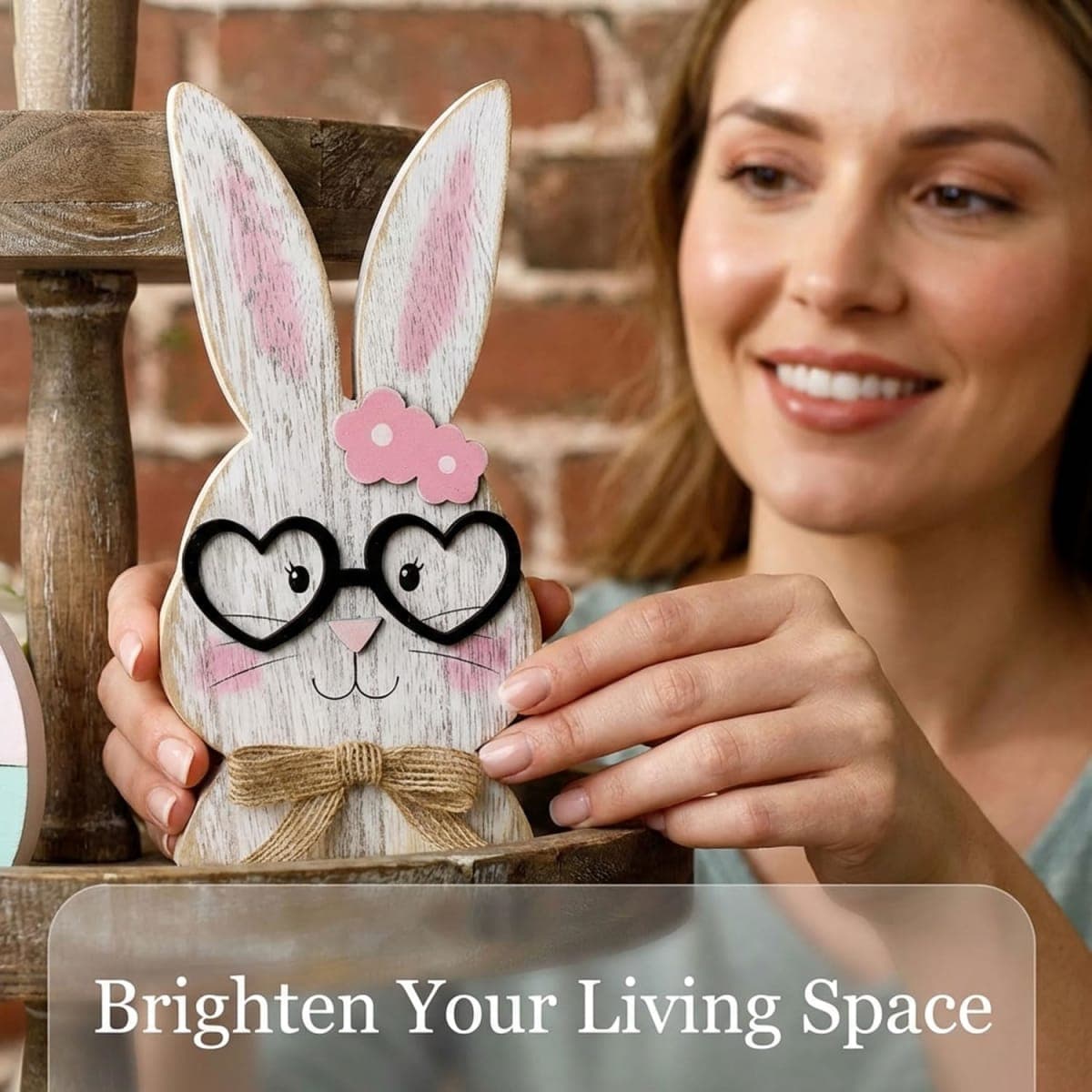 RGIMF Easter Bunny Decor - 2 Pack Wooden Rustic Easter Table Decorations for Home, Farmhouse Spring Rabbit Decor Sign for Mantel Shelf Centerpiece Office Party (Pink) thumbnail 3