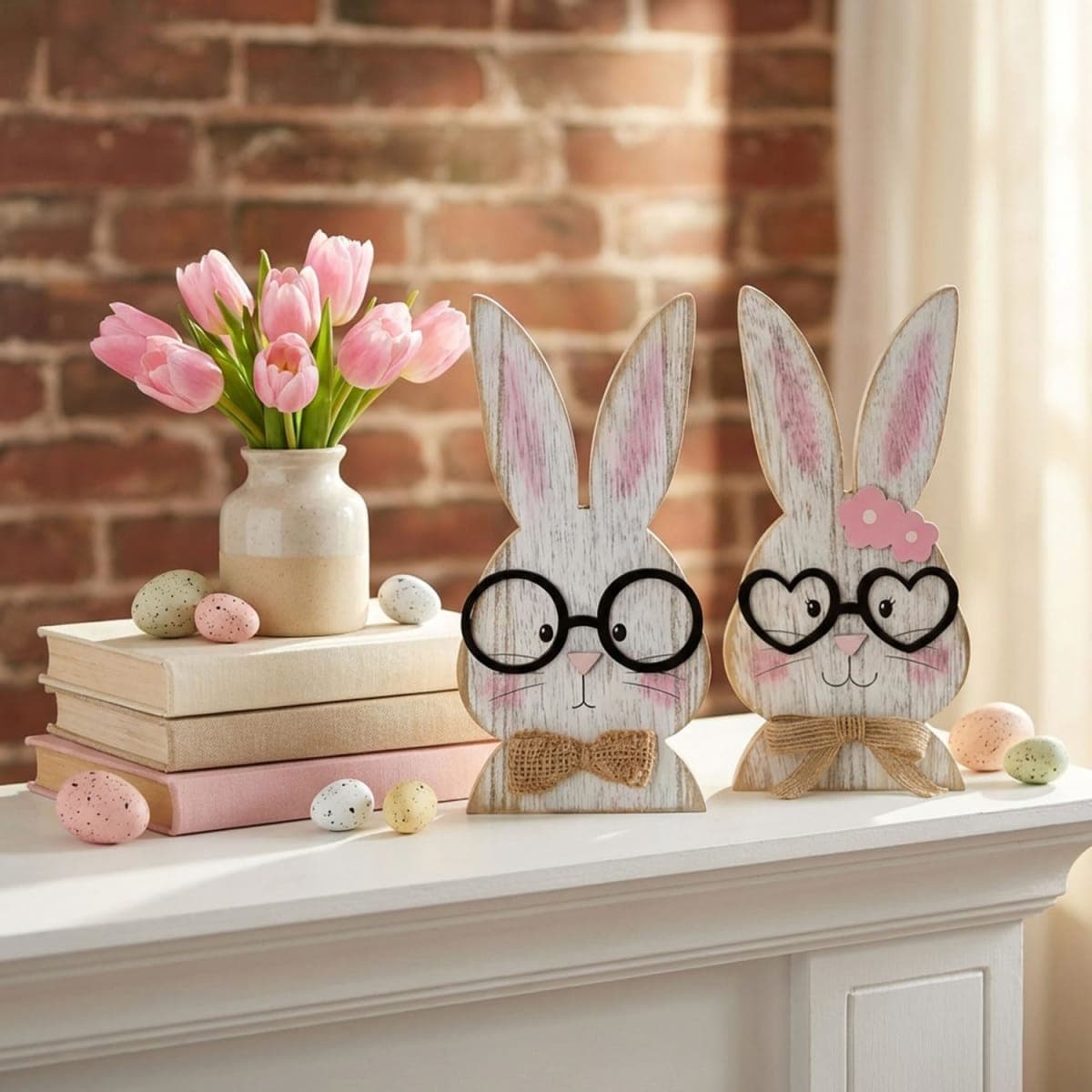 RGIMF Easter Bunny Decor - 2 Pack Wooden Rustic Easter Table Decorations for Home, Farmhouse Spring Rabbit Decor Sign for Mantel Shelf Centerpiece Office Party (Pink) thumbnail 4