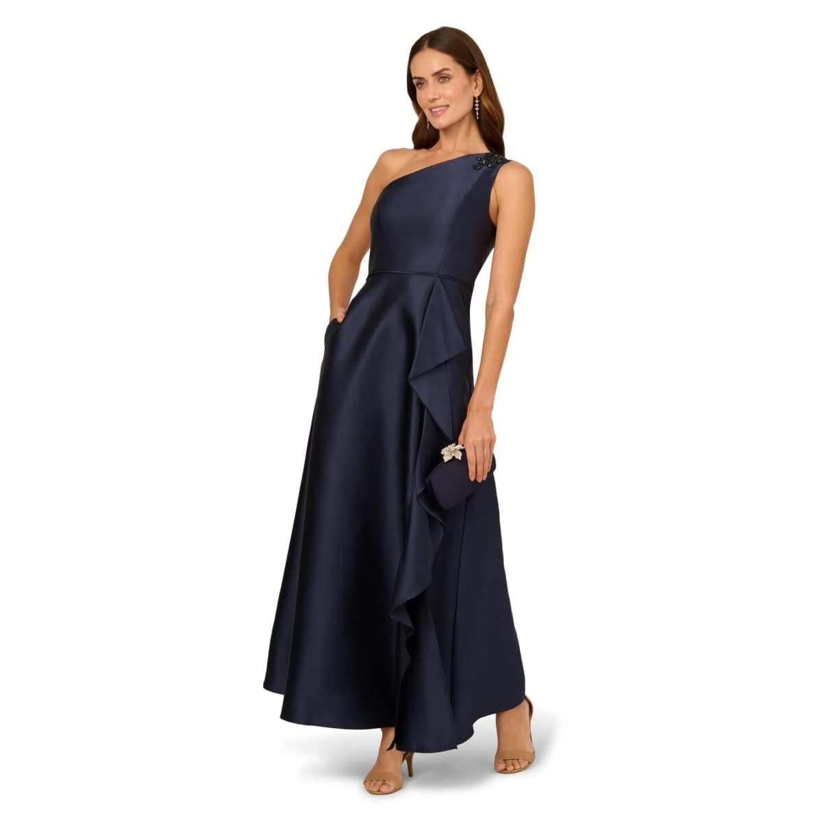 Adrianna Papell Women's One Shoulder Mikado Gown, Midnight, 12 thumbnail 3