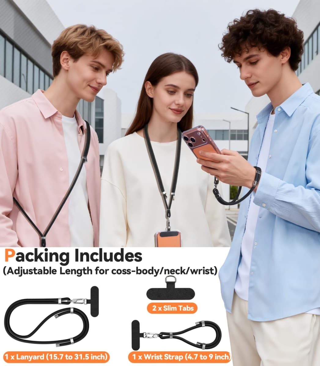 4-IN-1 Phone Lanyard + Wrist Strap, Adjustable Length 2PCS Anti-Theft Cell Phone Strap with Tether Tab for All Phones (2 PACK-Black) thumbnail 2