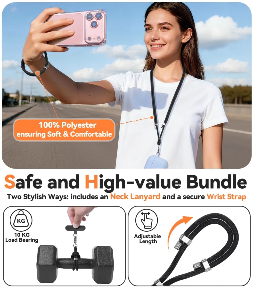 4-IN-1 Phone Lanyard + Wrist Strap, Adjustable Length 2PCS Anti-Theft Cell Phone Strap with Tether Tab for All Phones (2 PACK-Black) thumbnail 4