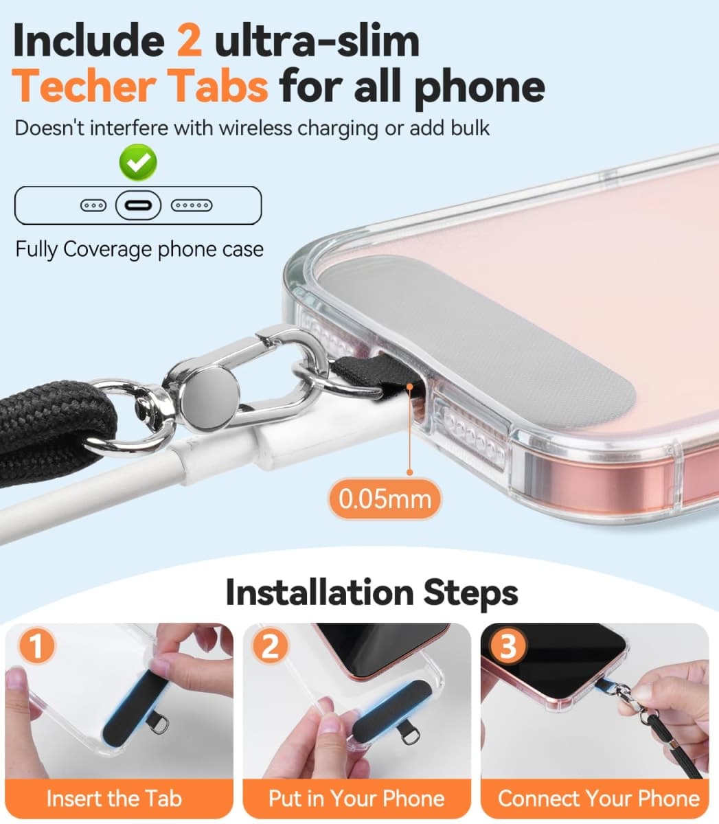 4-IN-1 Phone Lanyard + Wrist Strap, Adjustable Length 2PCS Anti-Theft Cell Phone Strap with Tether Tab for All Phones (2 PACK-Black) thumbnail 5