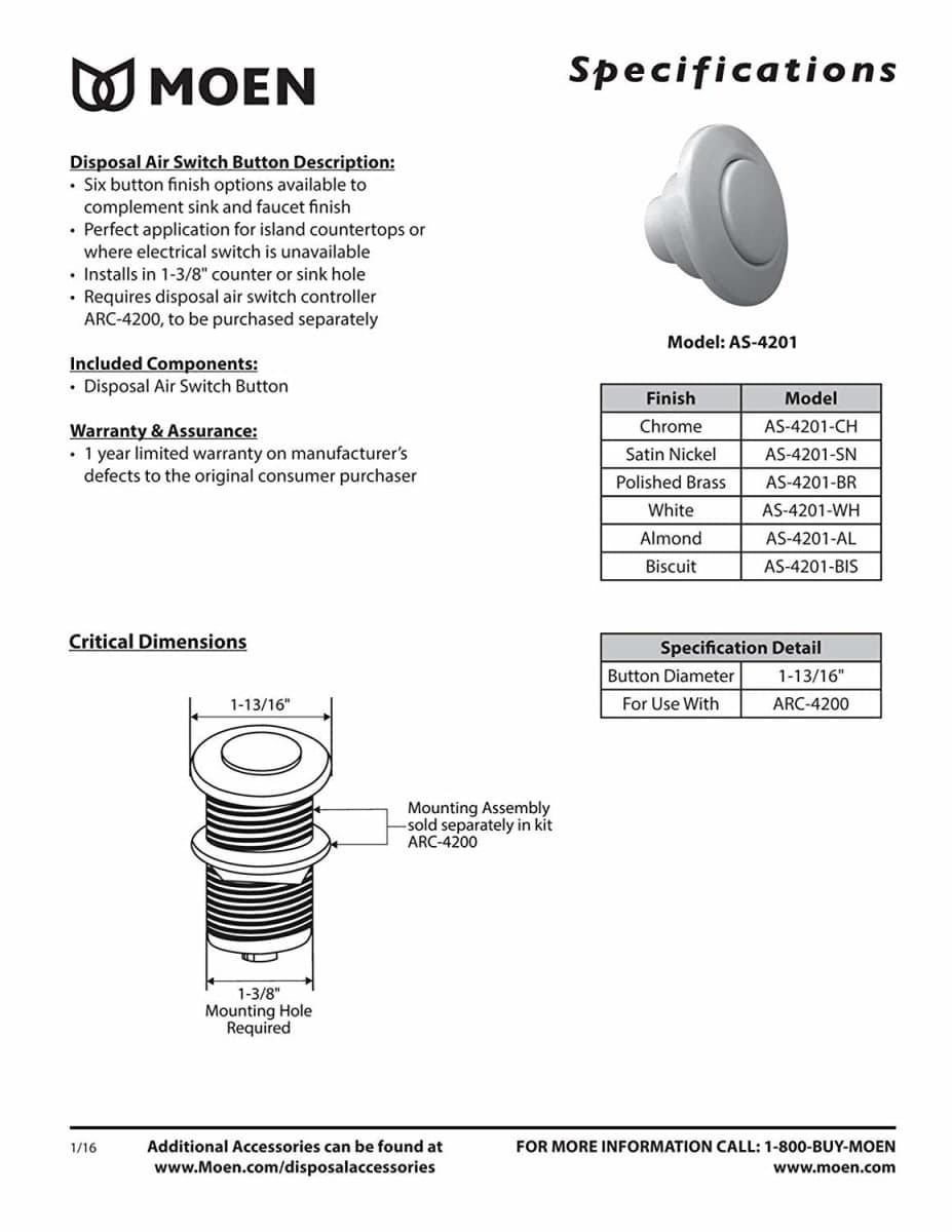 Moen AS-4201-BLS AMC Kitchen Products Garbage Disposal Air Switch Coordinating Decorative Button, Black/Stainless Steel thumbnail 2