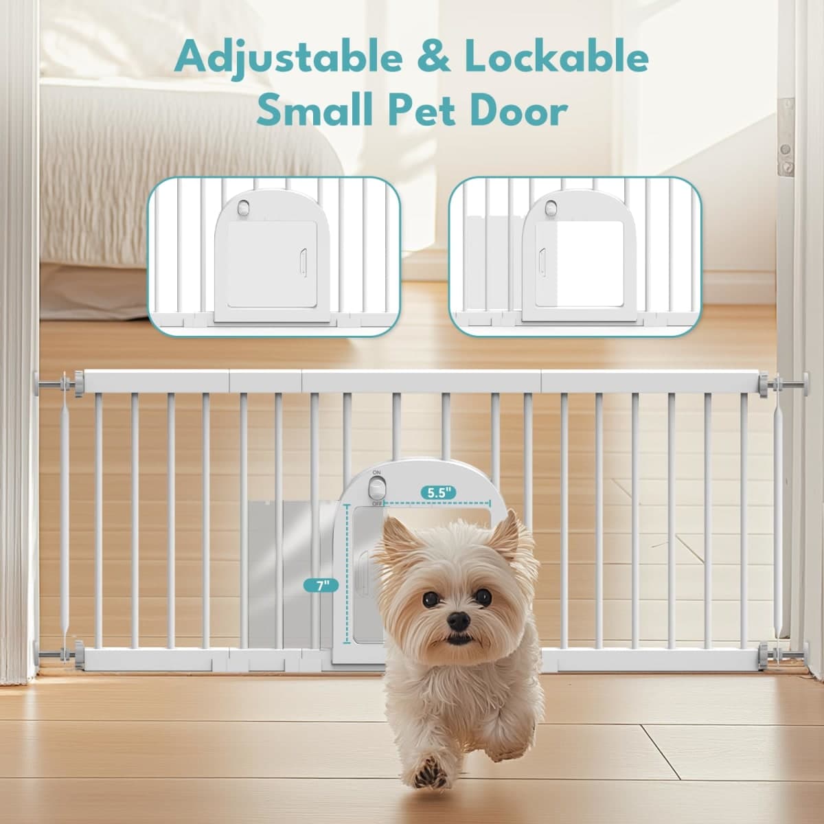 No Pawblems Dog Gate with Small Pet Door, 17"-42" Adjustable Metal Short Dog Gate to Step Over, 17" Tall Small Pet Gate with 3 Extension Kits, Pressure Mounted Dog Gate for Doorways & Stairs, White thumbnail 2
