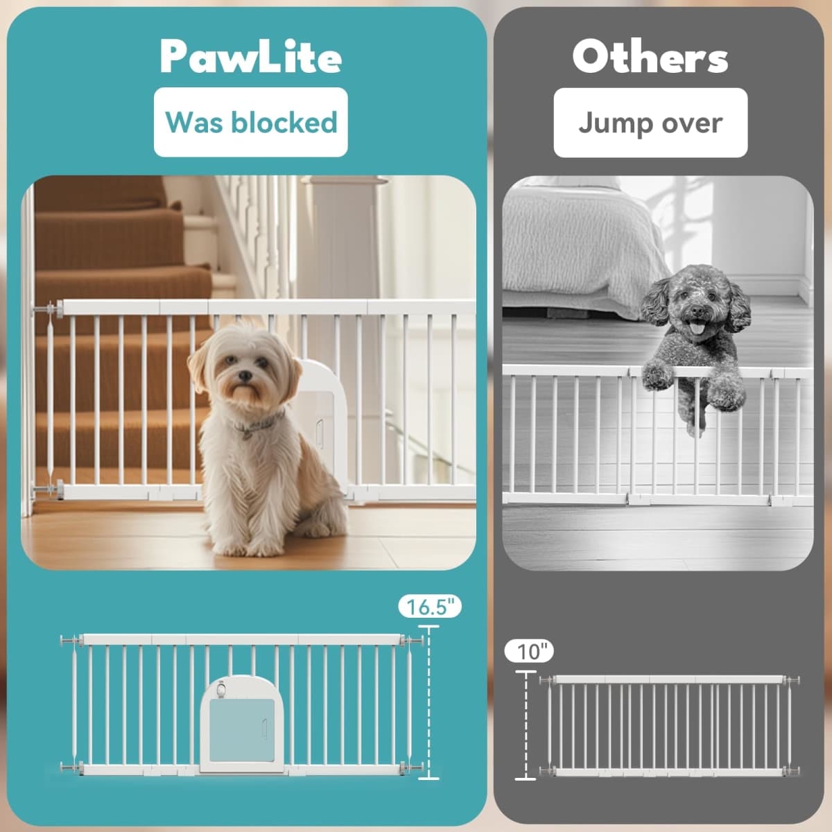 No Pawblems Dog Gate with Small Pet Door, 17"-42" Adjustable Metal Short Dog Gate to Step Over, 17" Tall Small Pet Gate with 3 Extension Kits, Pressure Mounted Dog Gate for Doorways & Stairs, White thumbnail 3