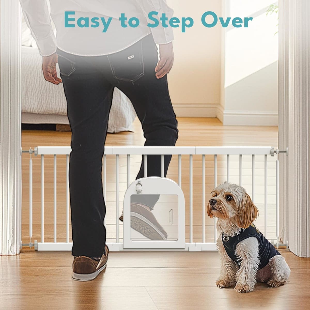 No Pawblems Dog Gate with Small Pet Door, 17"-42" Adjustable Metal Short Dog Gate to Step Over, 17" Tall Small Pet Gate with 3 Extension Kits, Pressure Mounted Dog Gate for Doorways & Stairs, White thumbnail 5