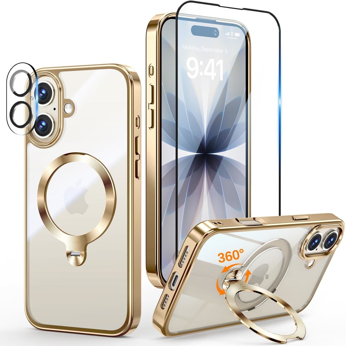 [Tri-Shield Protection] for iPhone 17 Case with 360° Spin Stand Compatible with MagSafe [Magnetic CD Ring] [Screen & Camera Lens Protector] Shockproof Plating Never-Yellowing, Gold-6.3" — image 1