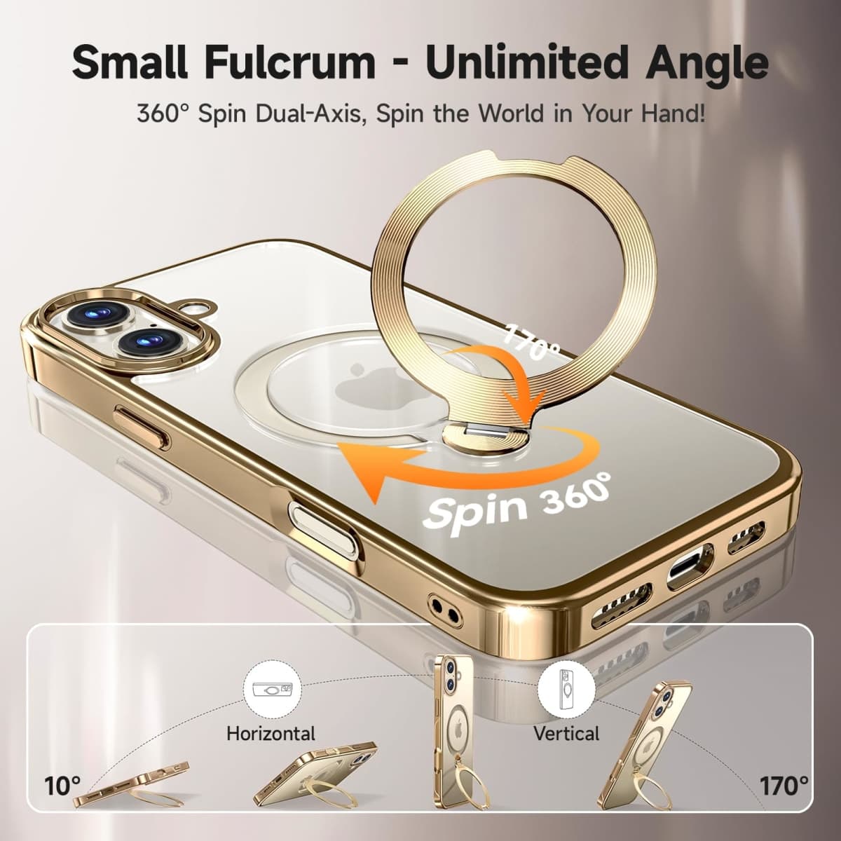 [Tri-Shield Protection] for iPhone 17 Case with 360° Spin Stand Compatible with MagSafe [Magnetic CD Ring] [Screen & Camera Lens Protector] Shockproof Plating Never-Yellowing, Gold-6.3" thumbnail 2
