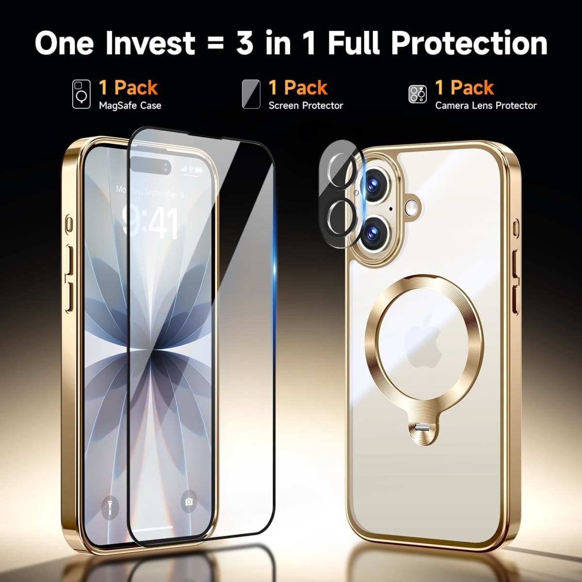[Tri-Shield Protection] for iPhone 17 Case with 360° Spin Stand Compatible with MagSafe [Magnetic CD Ring] [Screen & Camera Lens Protector] Shockproof Plating Never-Yellowing, Gold-6.3" thumbnail 3