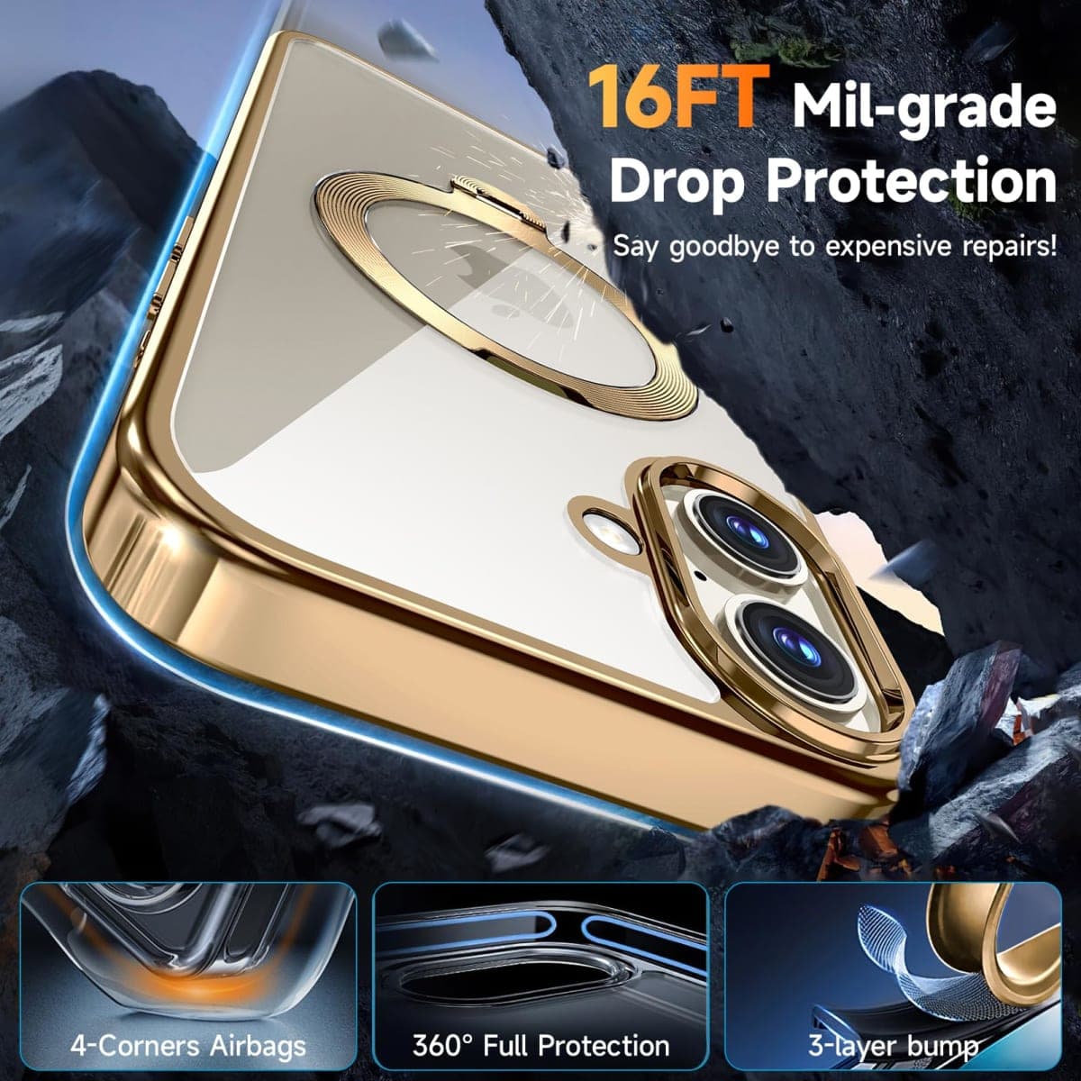 [Tri-Shield Protection] for iPhone 17 Case with 360° Spin Stand Compatible with MagSafe [Magnetic CD Ring] [Screen & Camera Lens Protector] Shockproof Plating Never-Yellowing, Gold-6.3" thumbnail 5