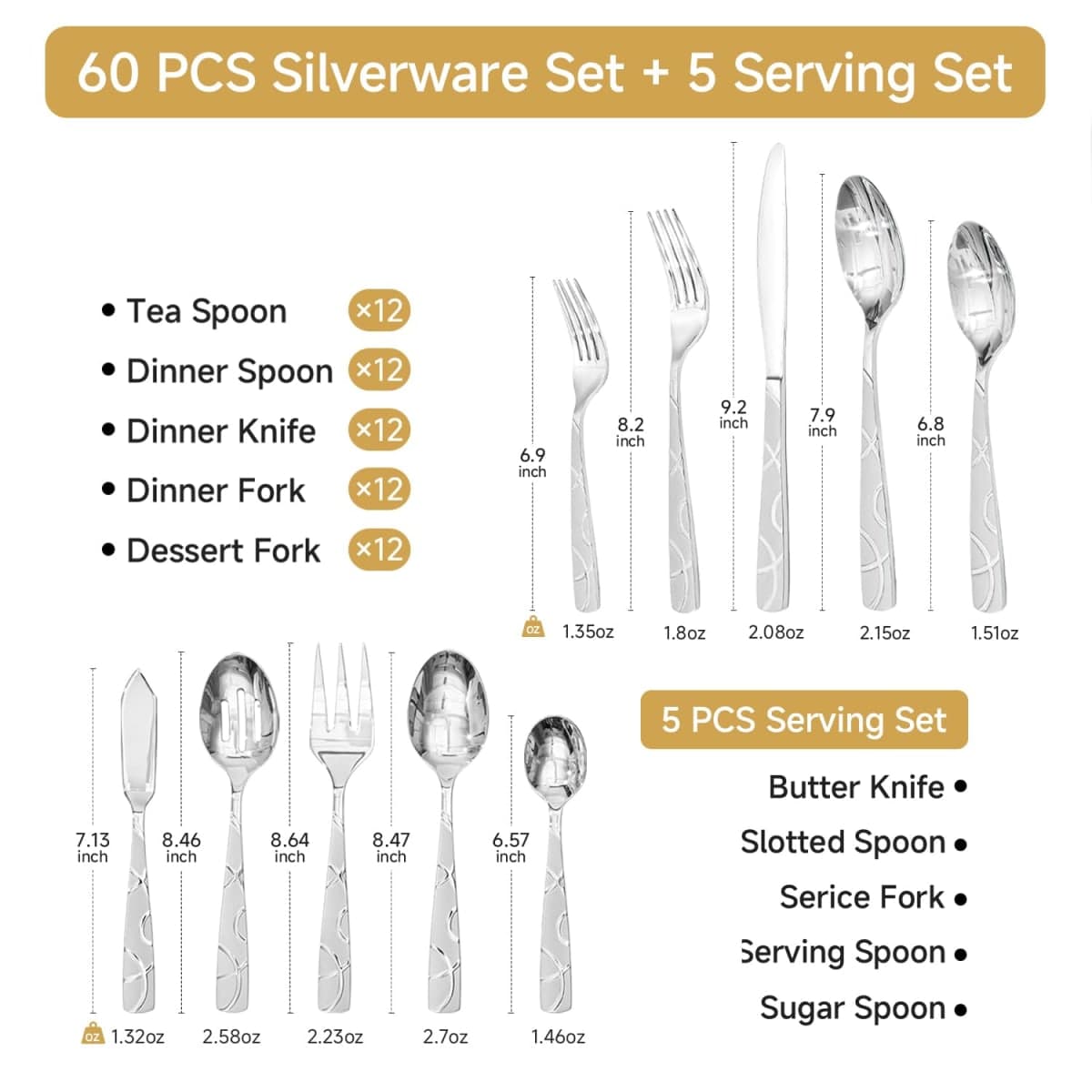 HIKAA Silverware Set, 65-piece Silverware Set with Serving Utensils Set, for Kitchen, Home, Wedding, Party, Mirror Polished and Dishwasher Safe thumbnail 3