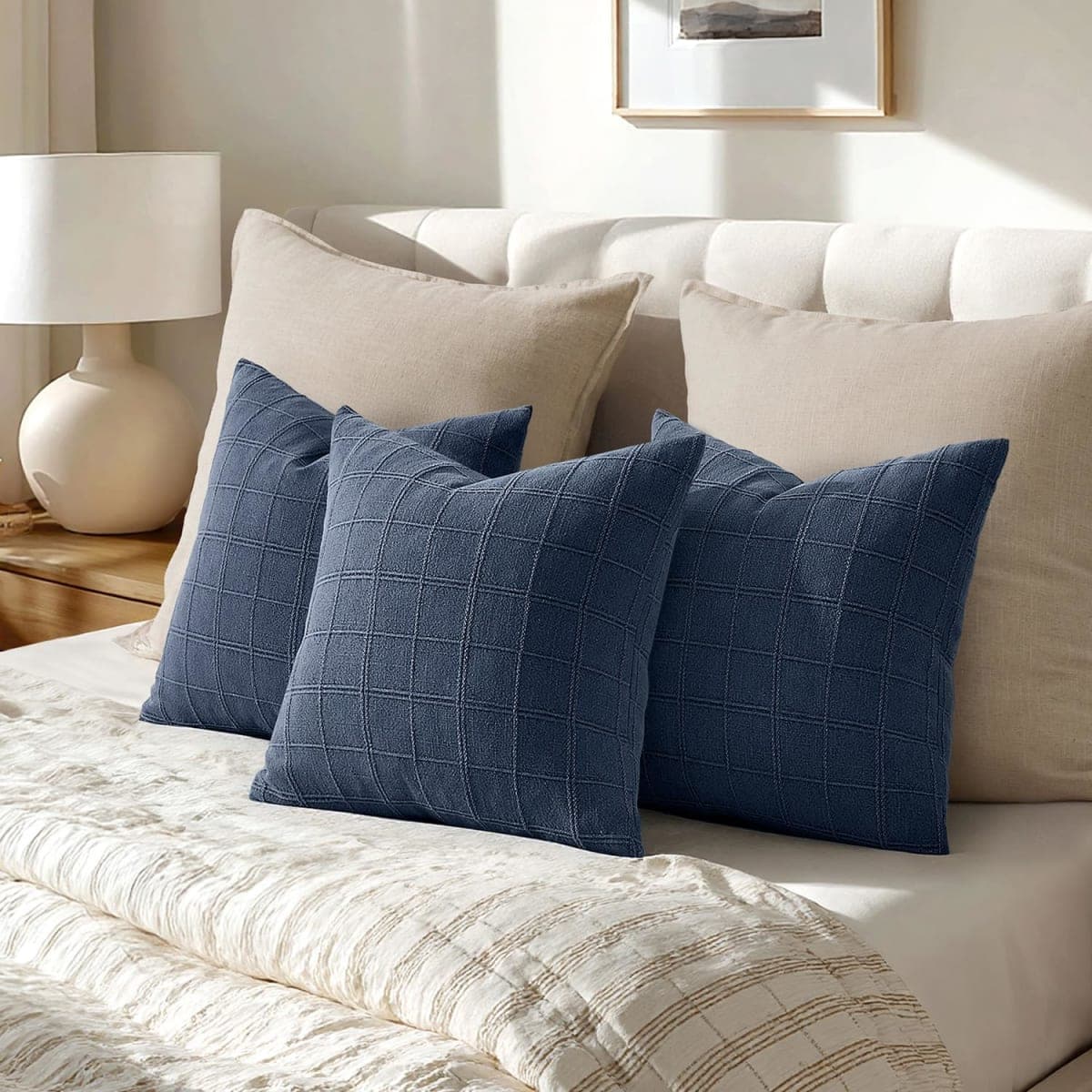 Woaboy Linen Check Throw Pillow Covers Dark Blue Farmhouse Modern Boho Vintage Coastal 24x24 Inch Set of 2 Decorative Cushion Covers for Sofa Couch Bedroom Living Room Home Decor thumbnail 4