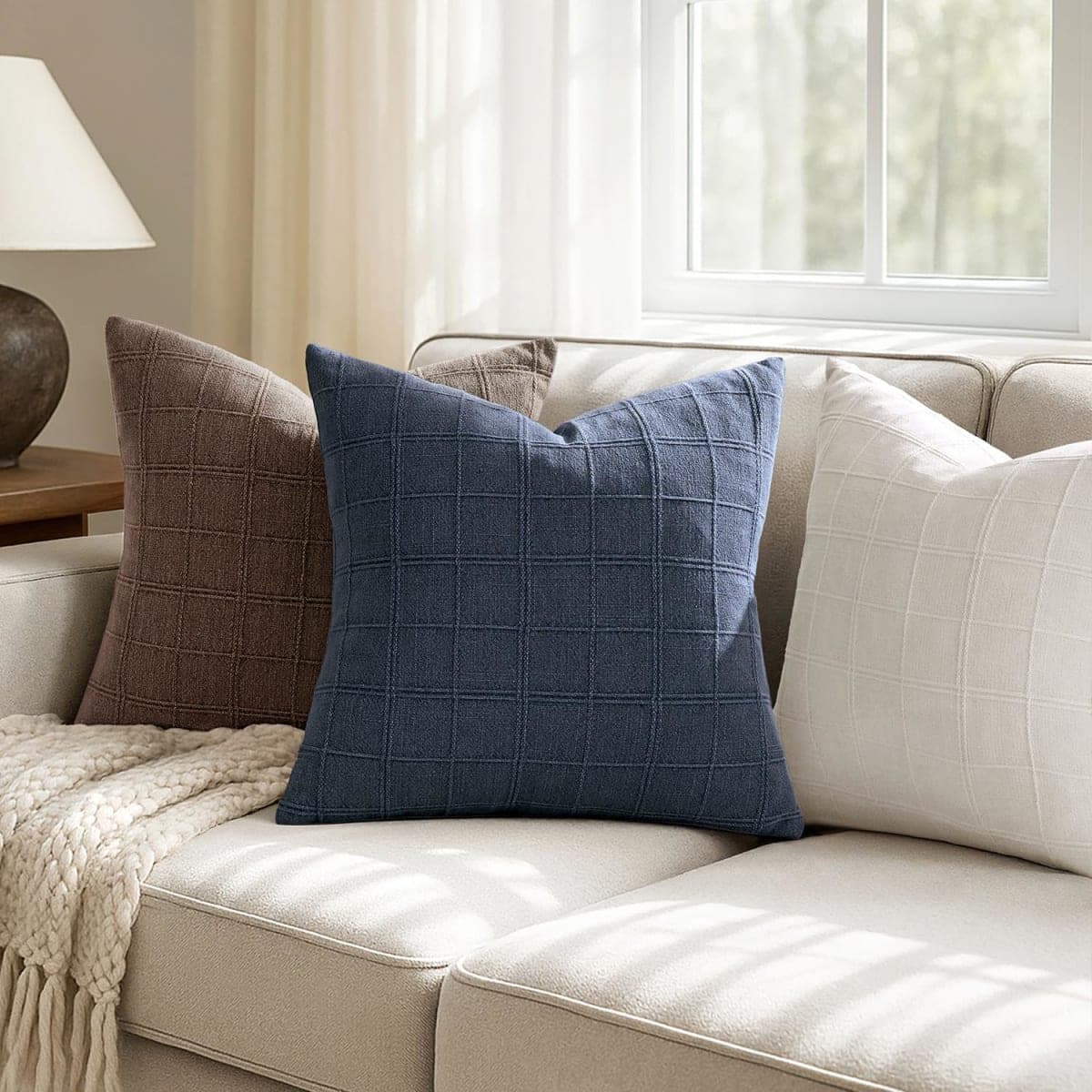 Woaboy Linen Check Throw Pillow Covers Dark Blue Farmhouse Modern Boho Vintage Coastal 24x24 Inch Set of 2 Decorative Cushion Covers for Sofa Couch Bedroom Living Room Home Decor thumbnail 5
