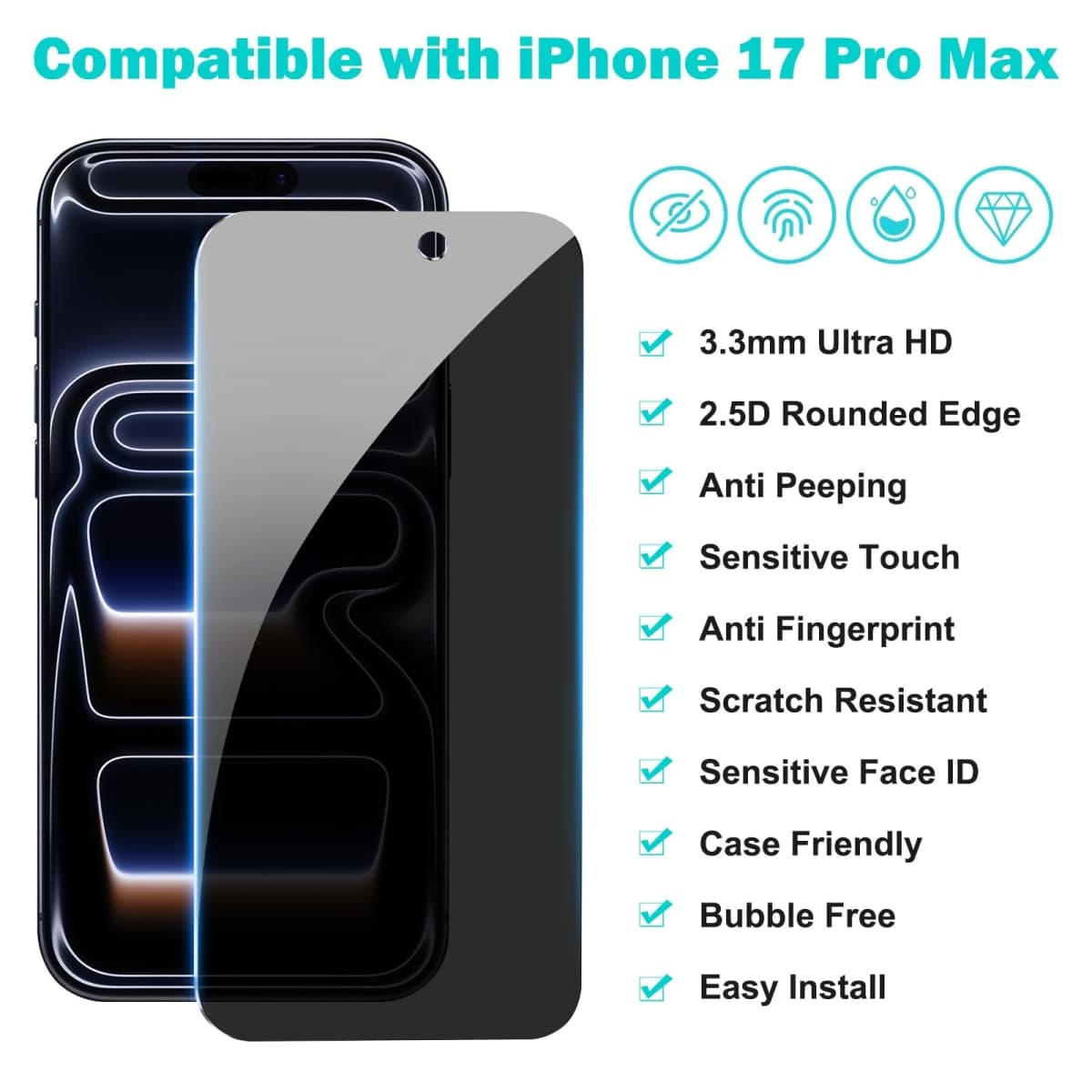 3+3Pack for 17 Pro Max Privacy Screen Protector with Camera Lens Protector Full Coverage Anti-Spy Tempered Glass Film 9H Hardness Upgrade Edge Protection Easy Installation Bubble Free [6.9 inch] thumbnail 2