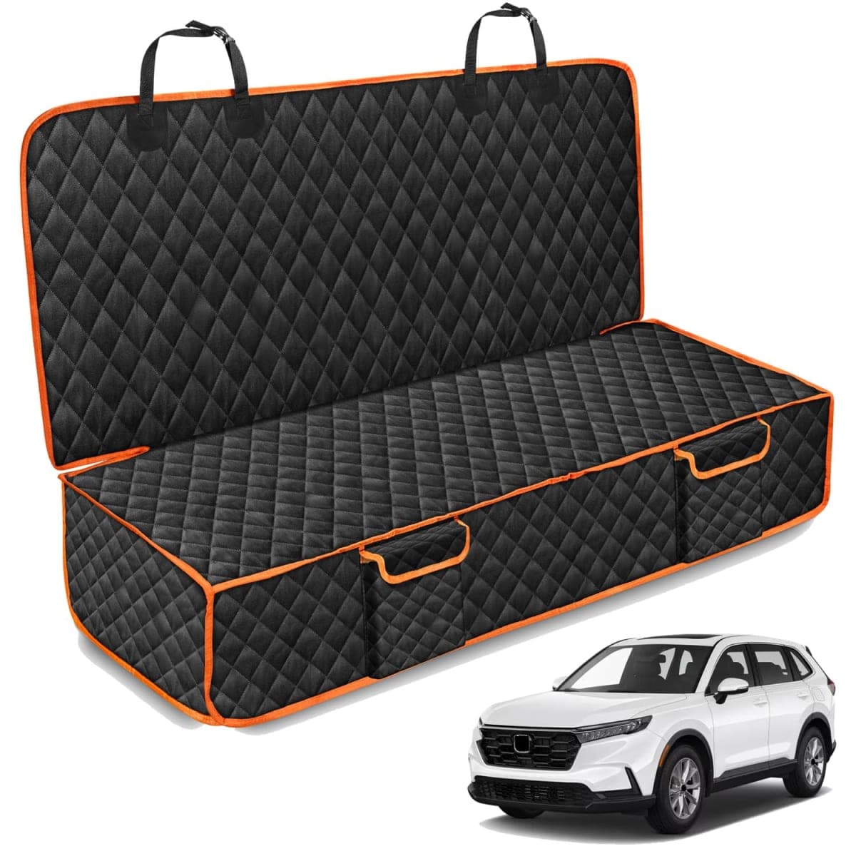 XHRING Dog Car Seat Cover for Honda CRV HRV Accessories, Scratchproof Pet Bench Back Seat Covers with Two Big Pockets - Black Orange — image 1
