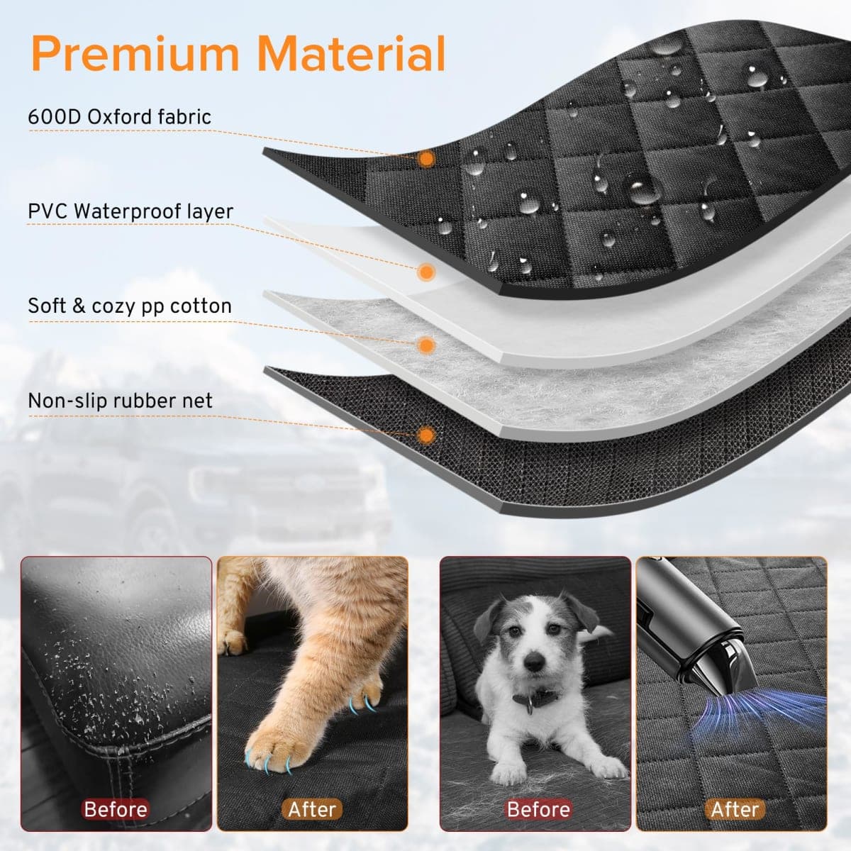 XHRING Dog Car Seat Cover for Honda CRV HRV Accessories, Scratchproof Pet Bench Back Seat Covers with Two Big Pockets - Black Orange thumbnail 2