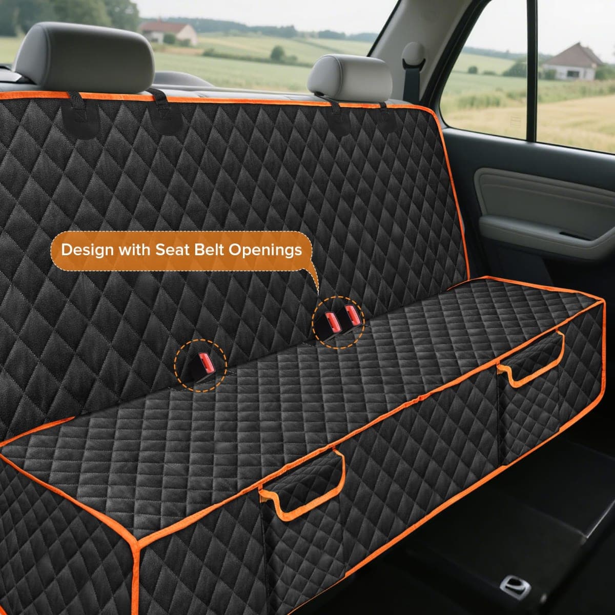 XHRING Dog Car Seat Cover for Honda CRV HRV Accessories, Scratchproof Pet Bench Back Seat Covers with Two Big Pockets - Black Orange thumbnail 3